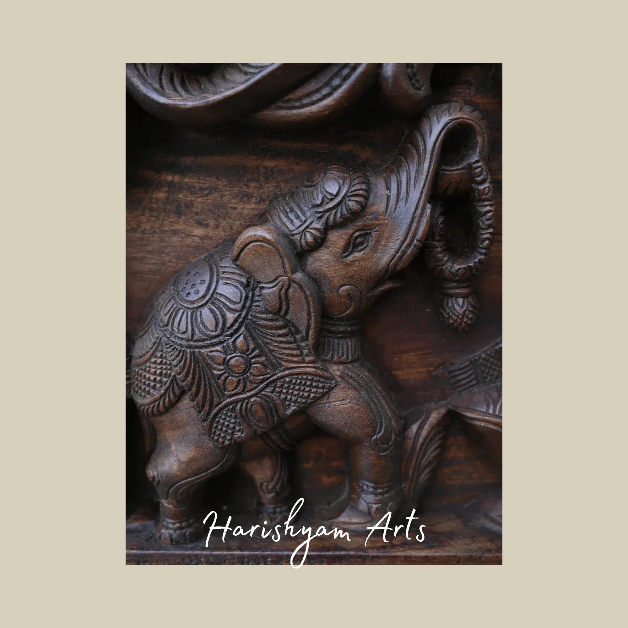 48" Graceful Gajalakshmi with Attendants Floral Carved Wooden Wall Plaque