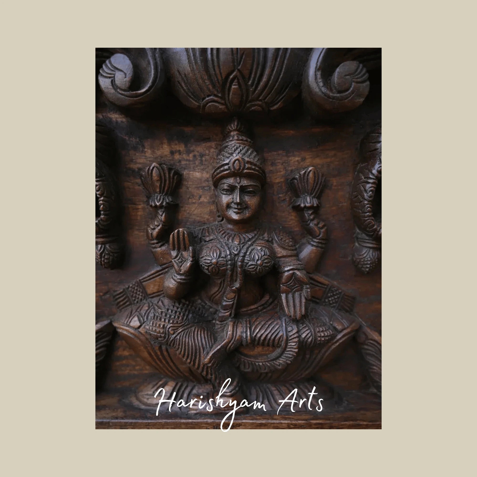 48" Graceful Gajalakshmi with Attendants Floral Carved Wooden Wall Plaque