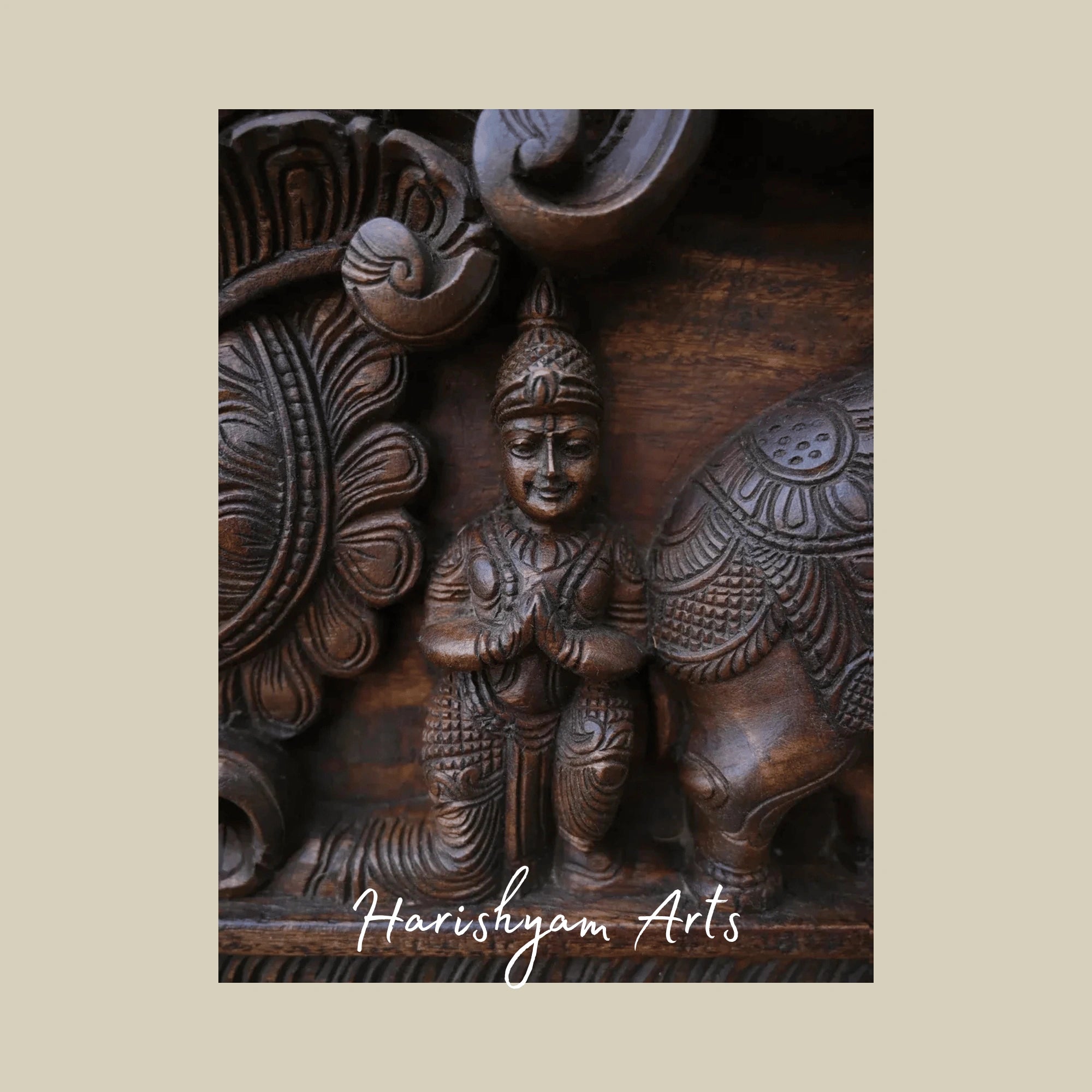 48" Graceful Gajalakshmi with Attendants Floral Carved Wooden Wall Plaque