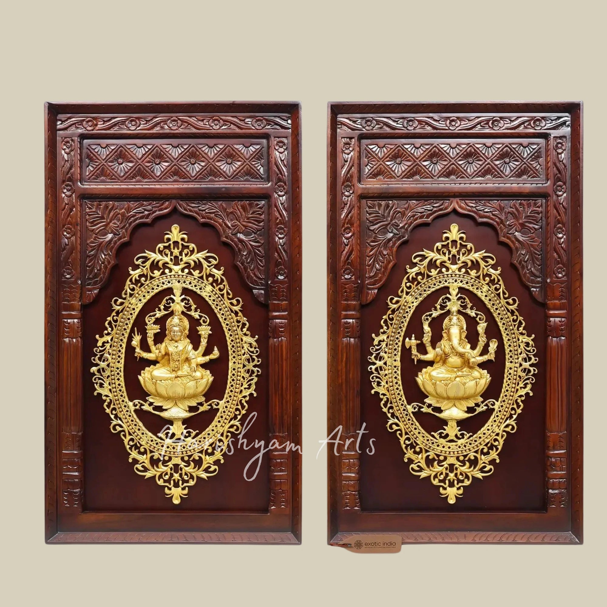 48" Lakshmi and Ganesha Brass Wall Art Set with Decorative Framed Design