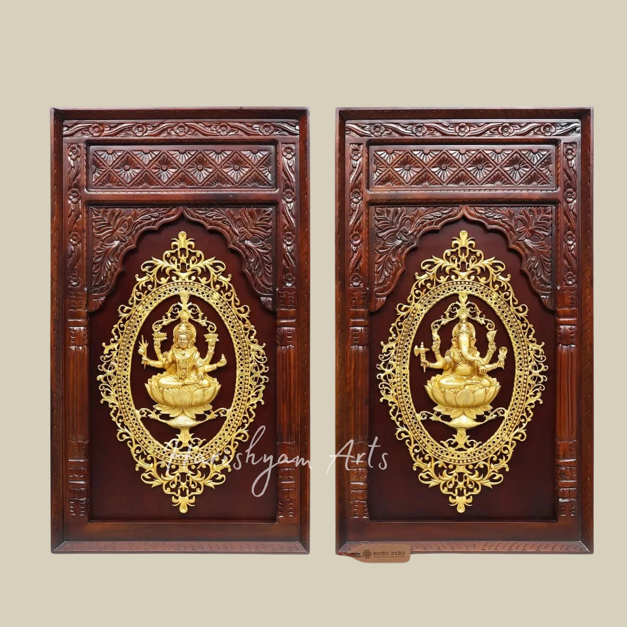 48" Lakshmi and Ganesha Brass Wall Art Set with Decorative Framed Design