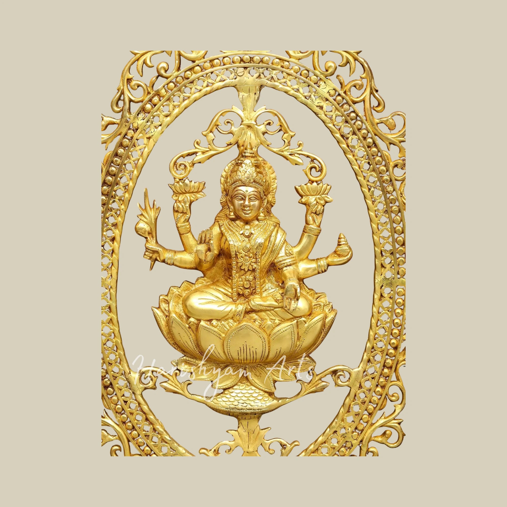48" Large Goddess Lakshmi Brass Wall Decor with Elegant Wooden Framing