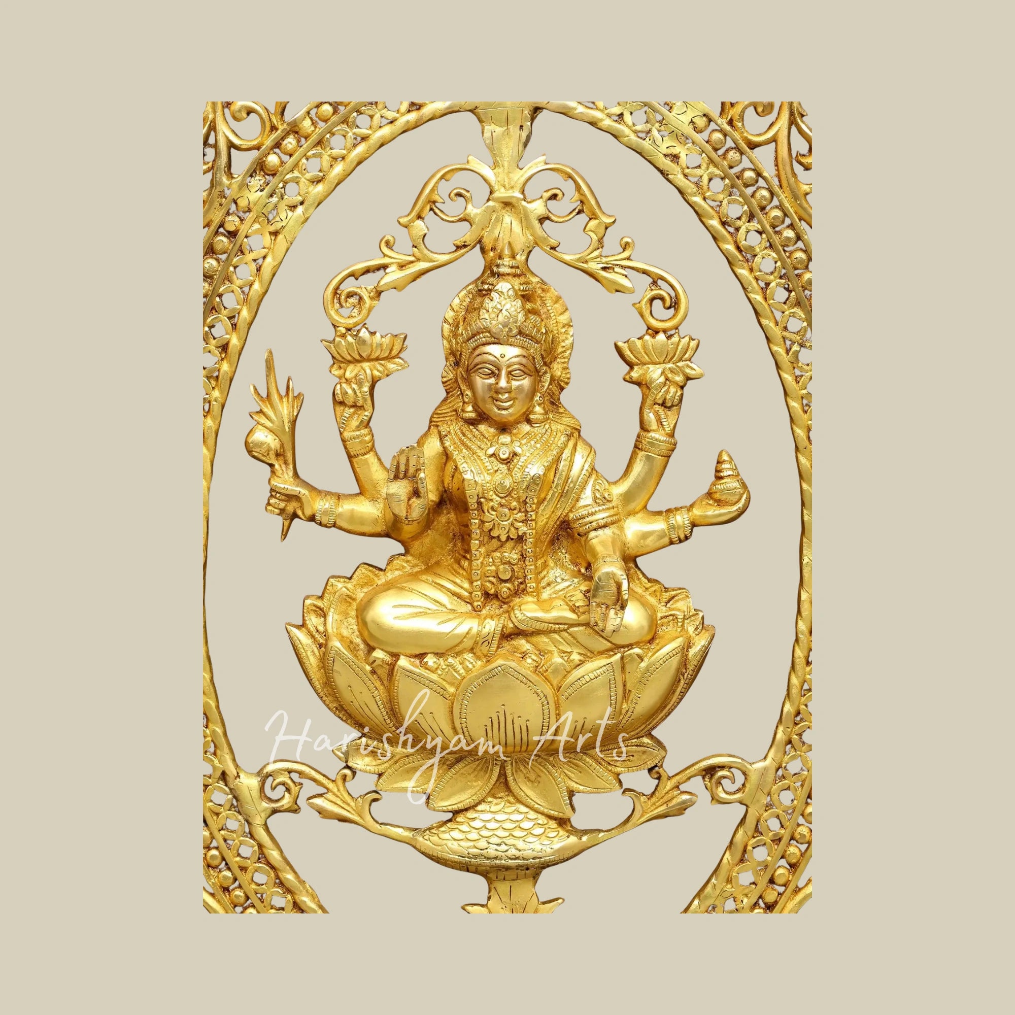 48" Large Goddess Lakshmi Brass Wall Decor with Elegant Wooden Framing