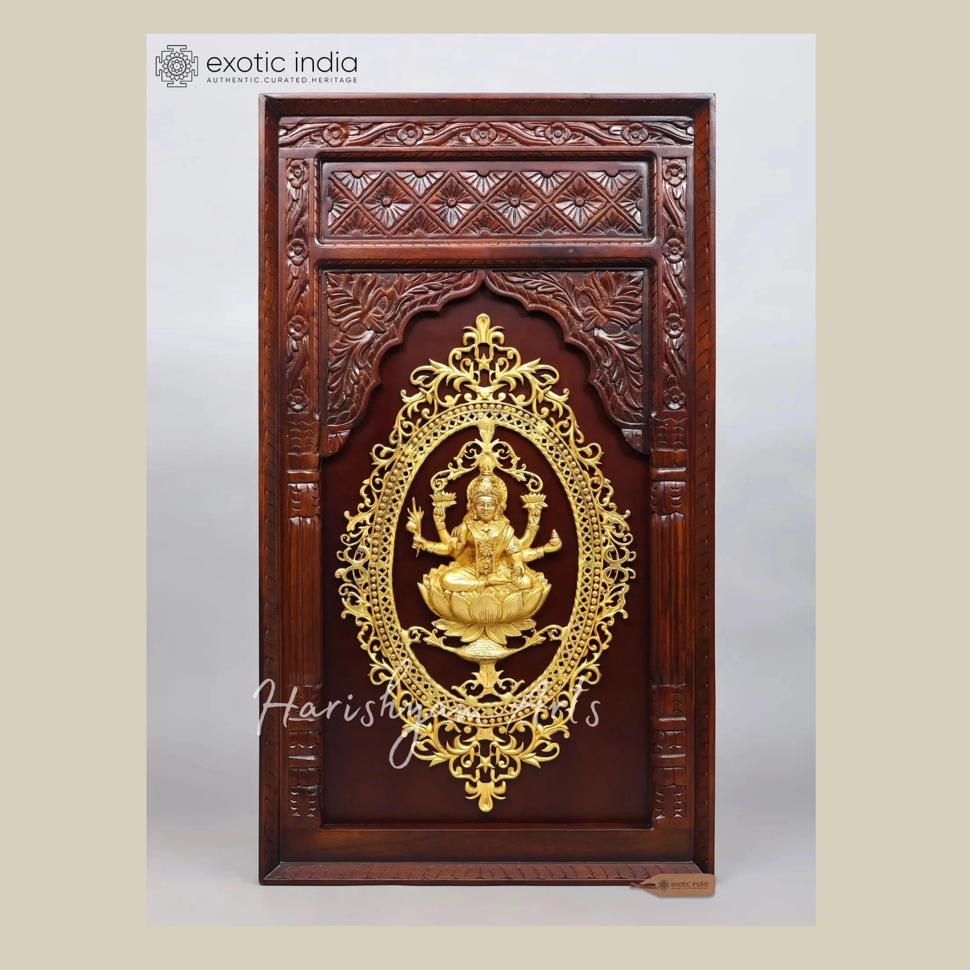48" Large Goddess Lakshmi Brass Wall Decor with Elegant Wooden Framing