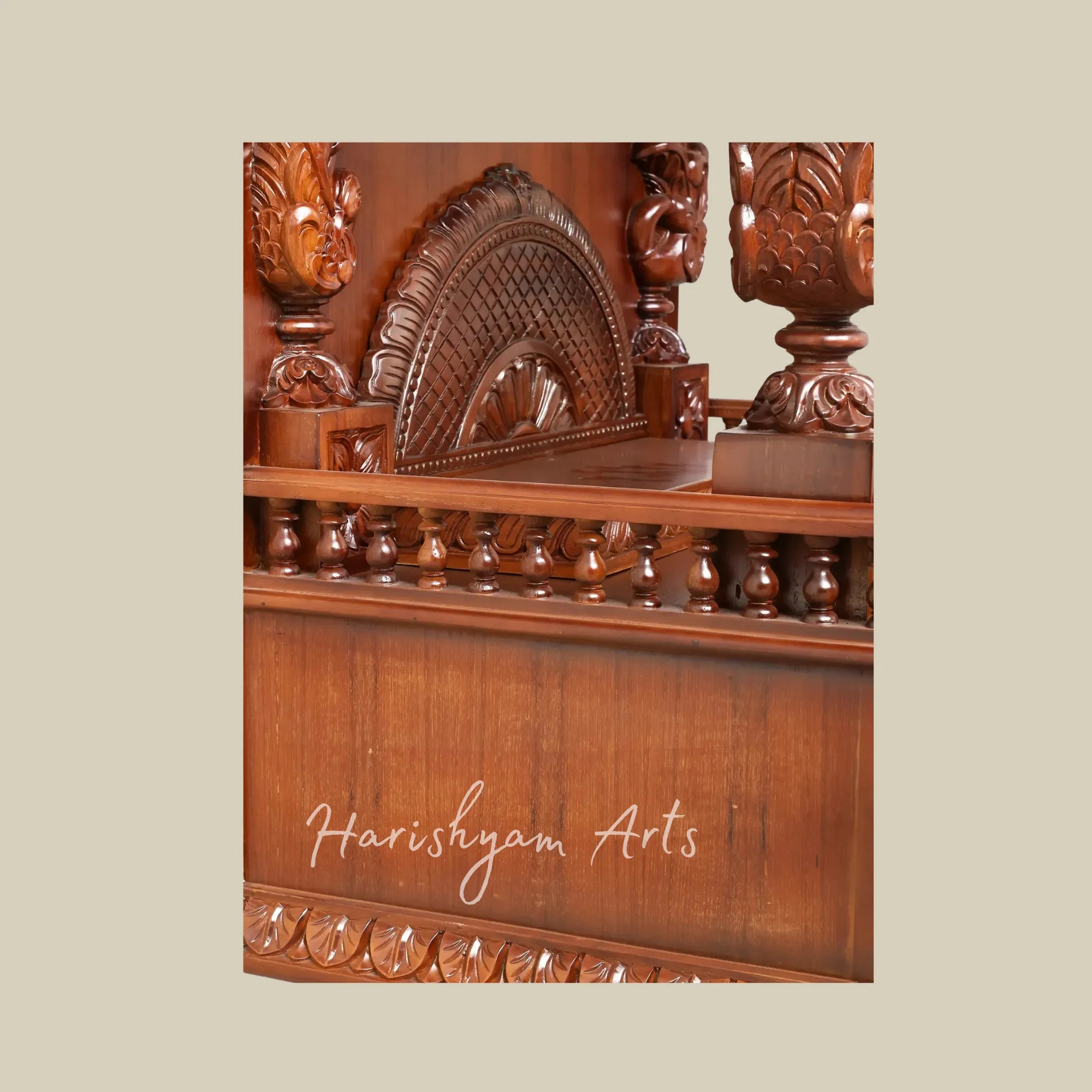 48" Premium Teak Wooden Home Mandir with Swan Carvings Ornate Crown and Double Storage Drawers