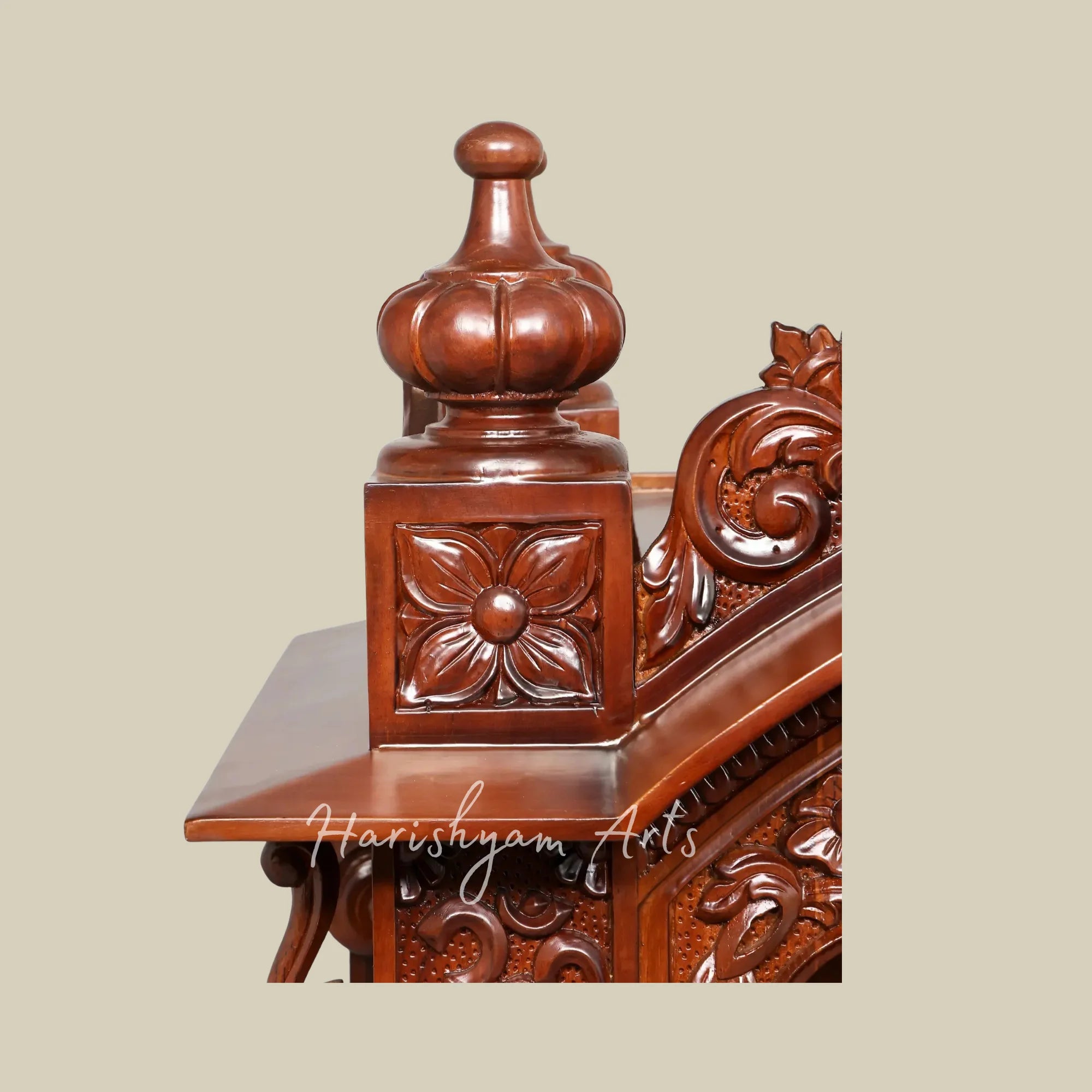48" Premium Teak Wooden Home Mandir with Swan Carvings Ornate Crown and Double Storage Drawers