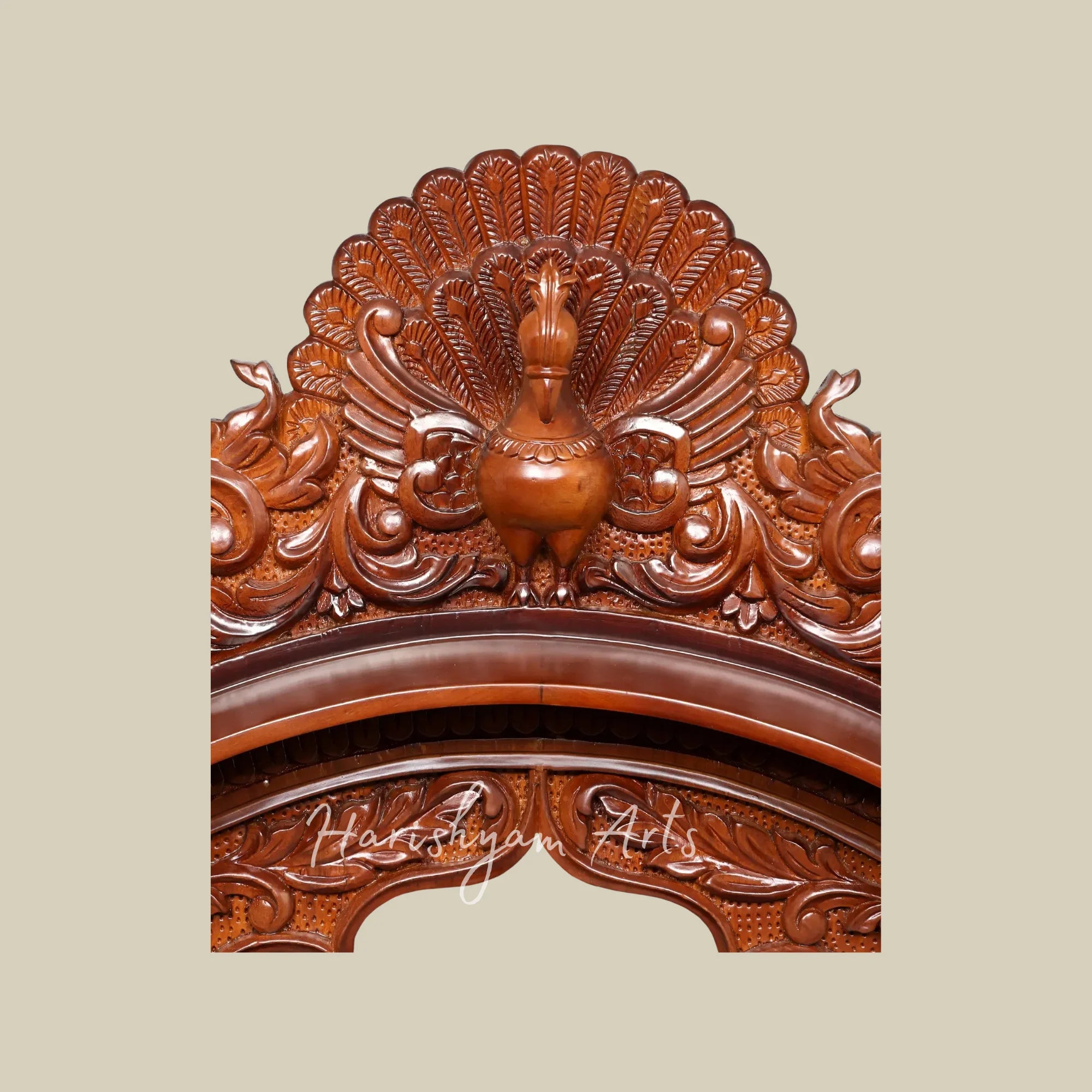 48" Premium Teak Wooden Home Mandir with Swan Carvings Ornate Crown and Double Storage Drawers