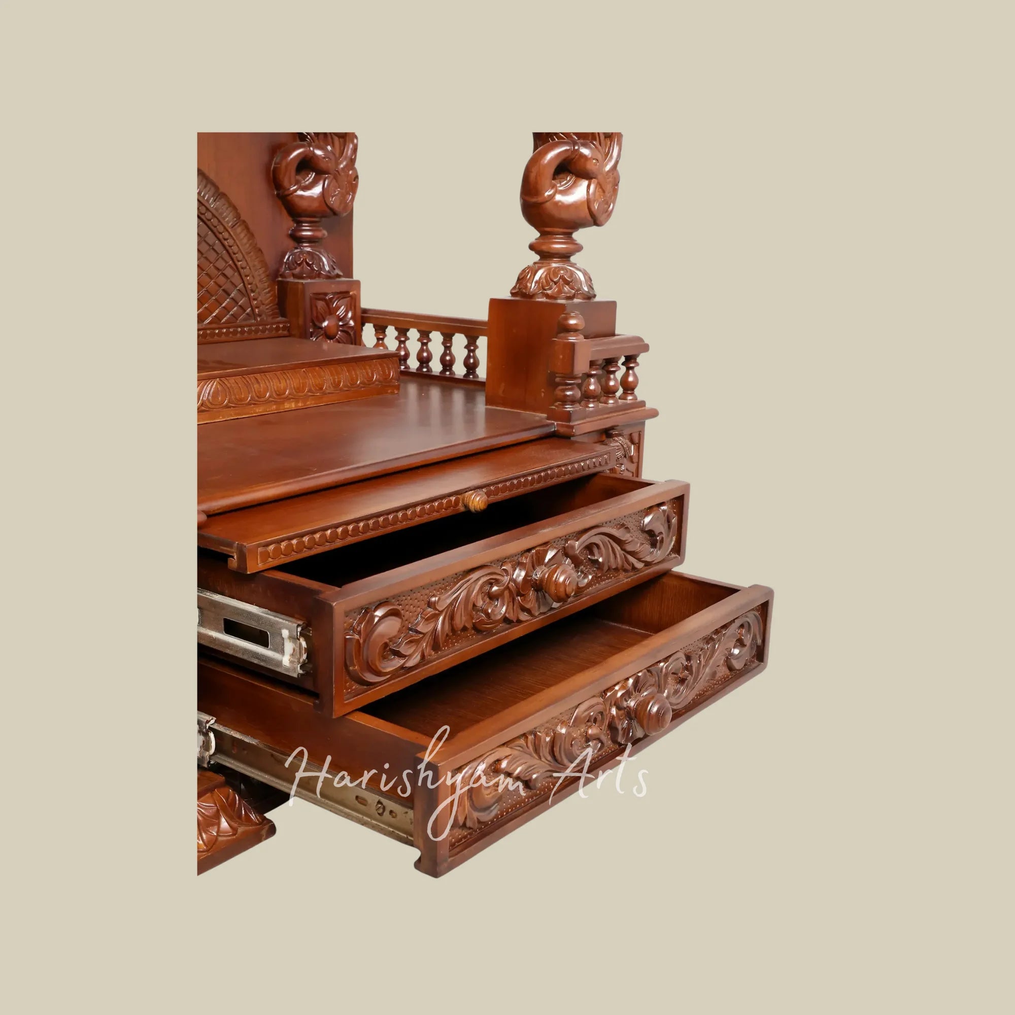 48" Premium Teak Wooden Home Mandir with Swan Carvings Ornate Crown and Double Storage Drawers