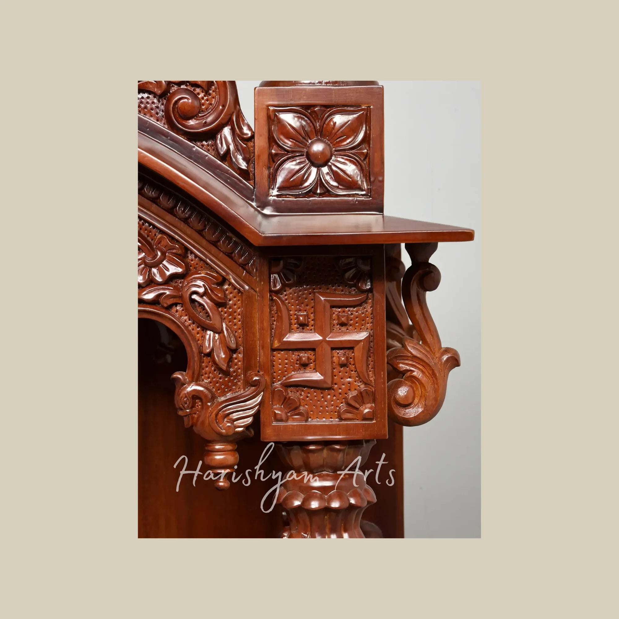 48" Premium Teak Wooden Home Mandir with Swan Carvings Ornate Crown and Double Storage Drawers