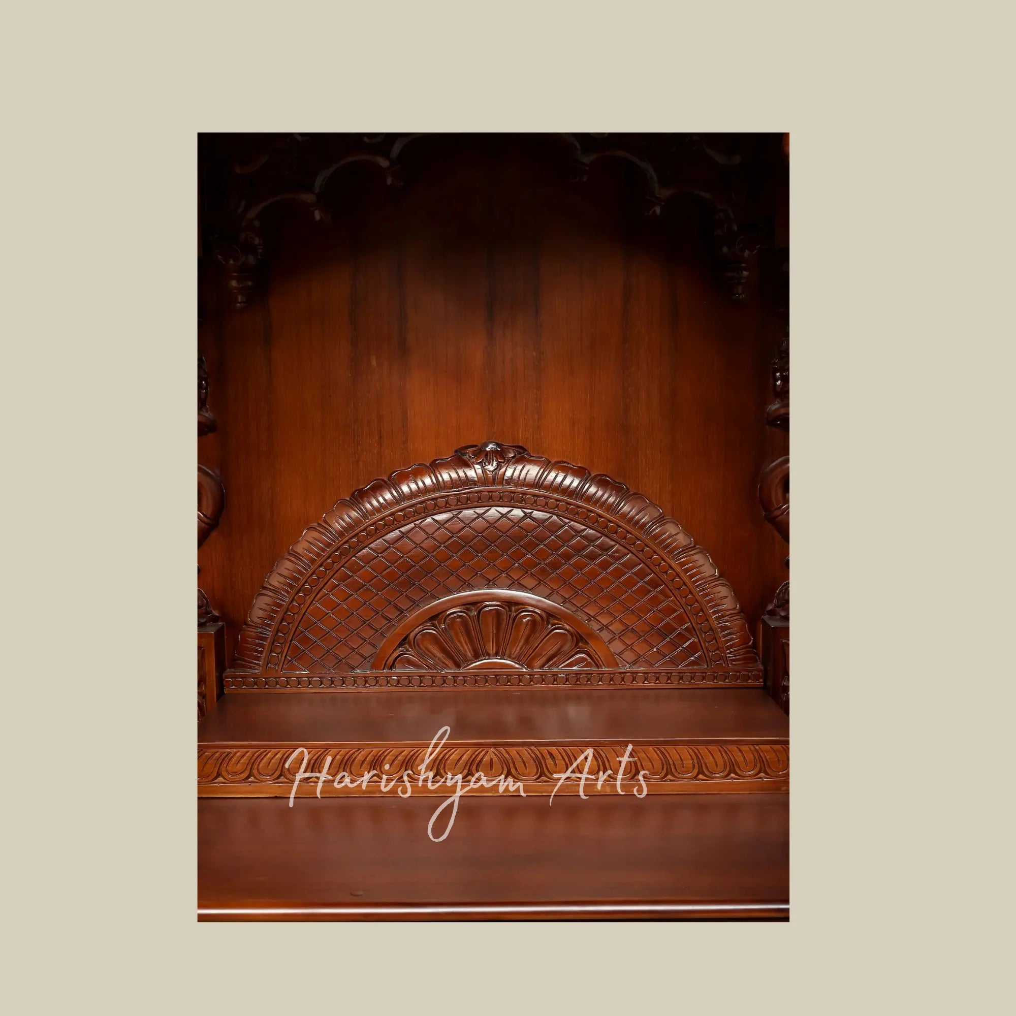 48" Premium Teak Wooden Home Mandir with Swan Carvings Ornate Crown and Double Storage Drawers