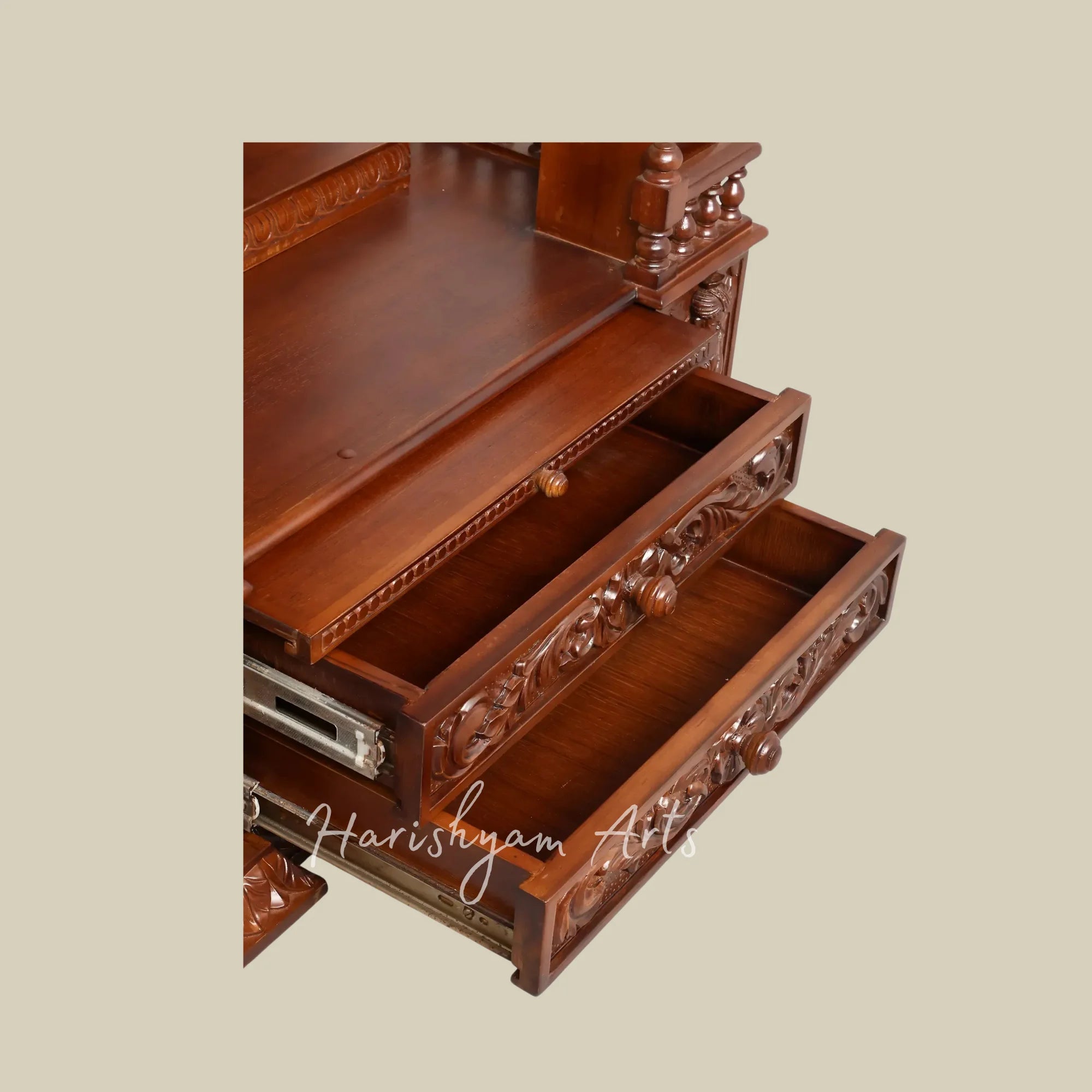 48" Premium Teak Wooden Home Mandir with Swan Carvings Ornate Crown and Double Storage Drawers