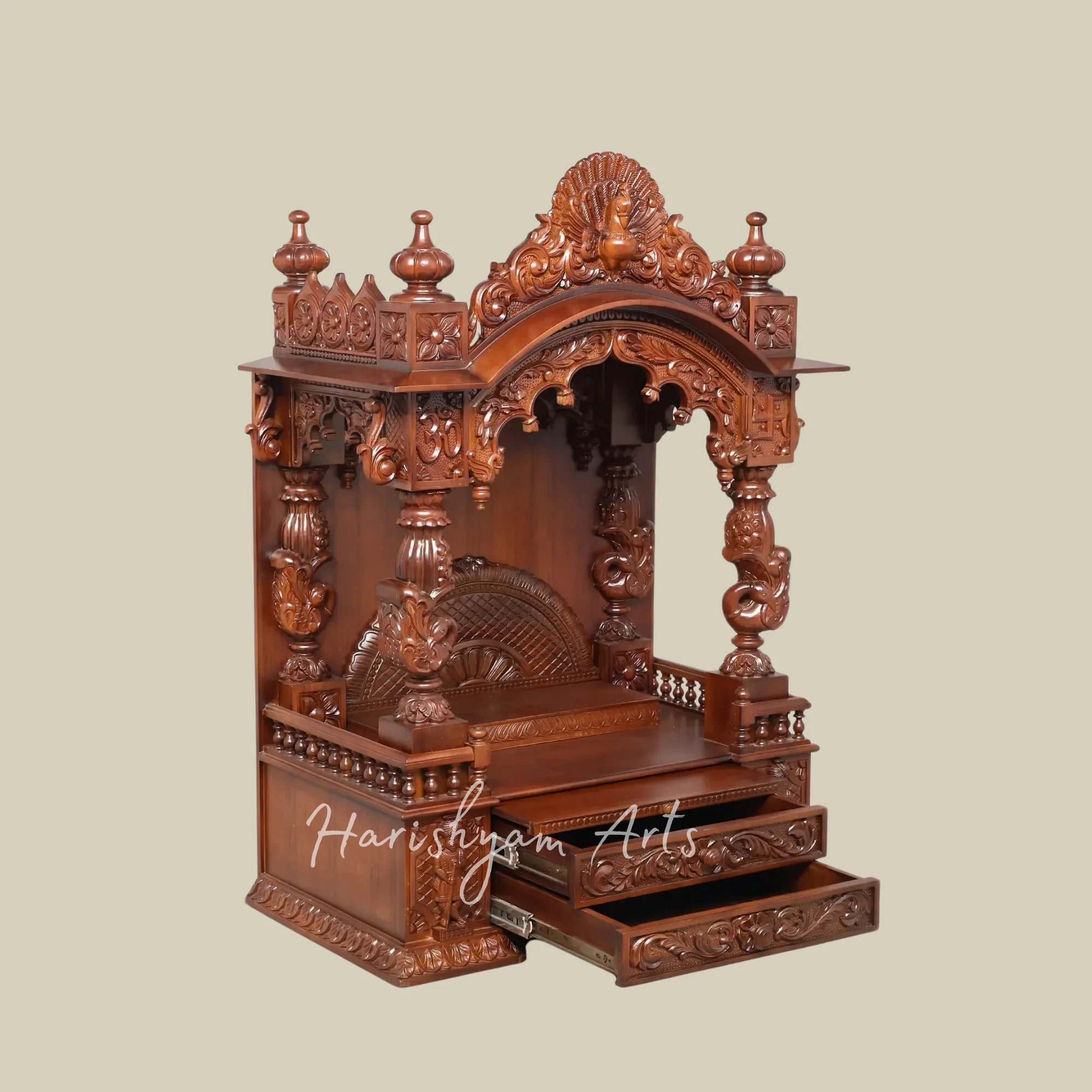 48" Premium Teak Wooden Home Mandir with Swan Carvings Ornate Crown and Double Storage Drawers