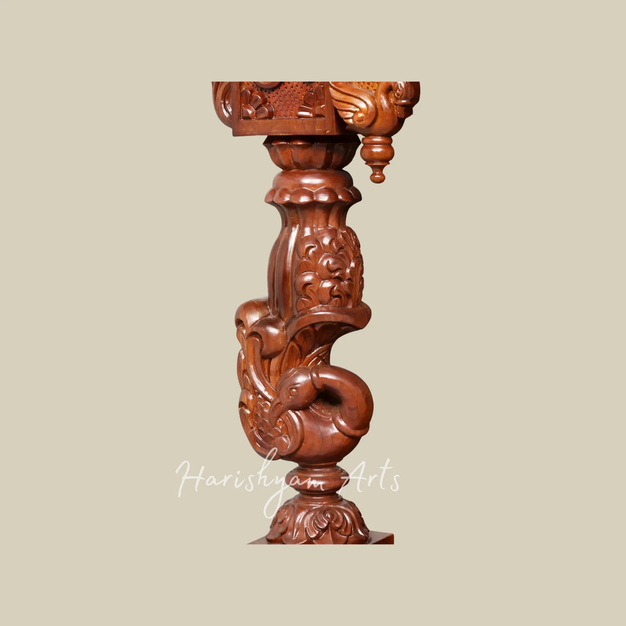 48" Premium Teak Wooden Home Mandir with Swan Carvings Ornate Crown and Double Storage Drawers