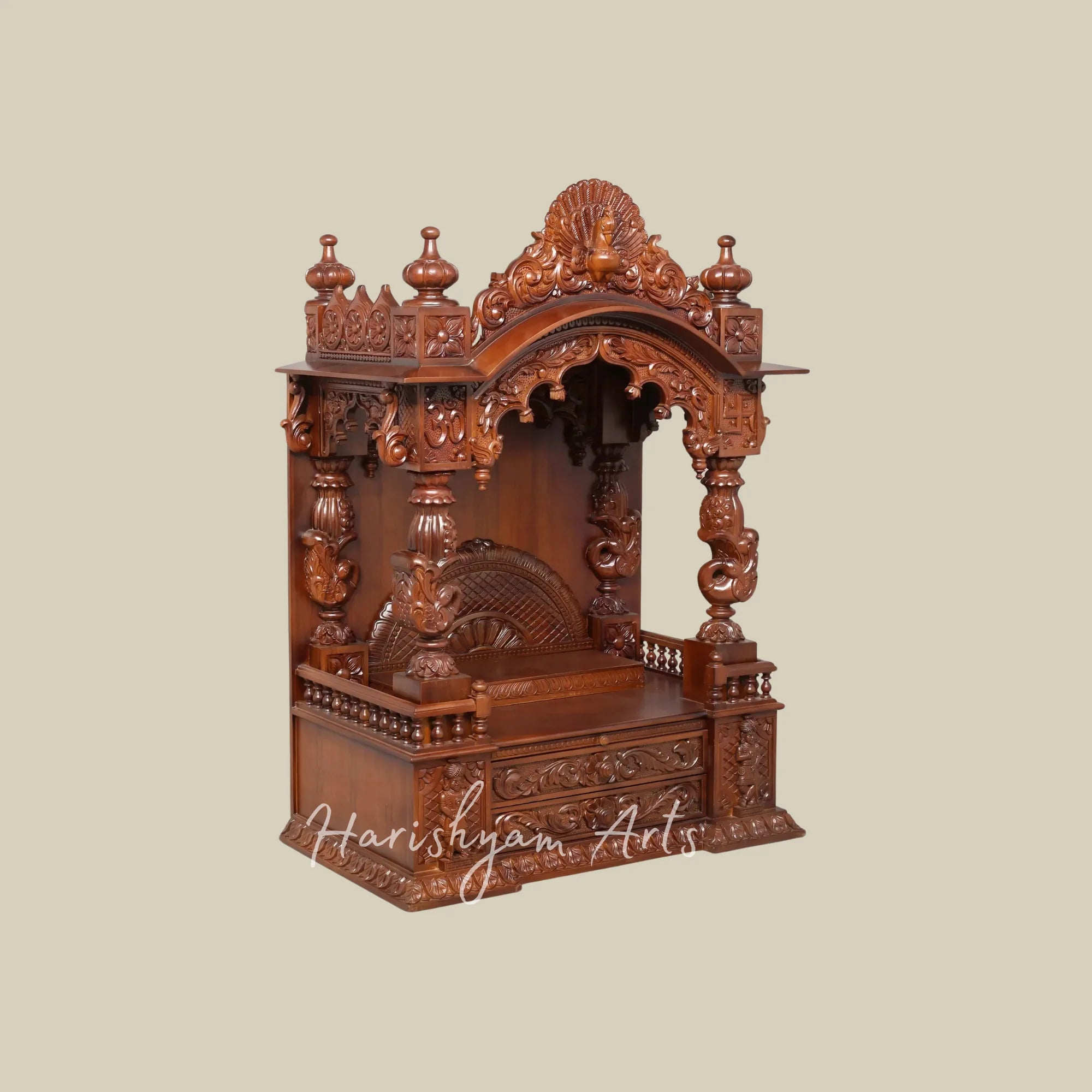 48" Premium Teak Wooden Home Mandir with Swan Carvings Ornate Crown and Double Storage Drawers