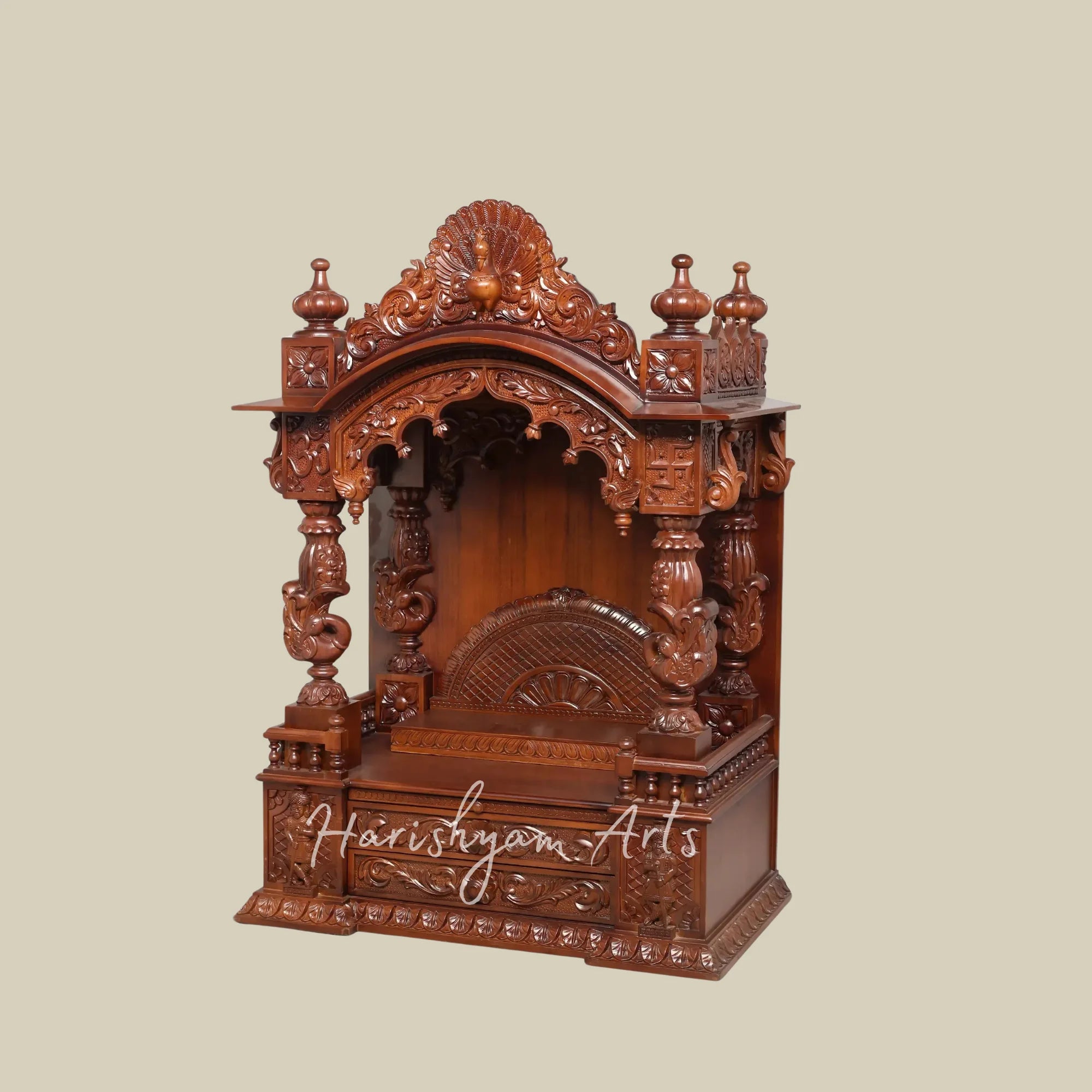 48" Premium Teak Wooden Home Mandir with Swan Carvings Ornate Crown and Double Storage Drawers