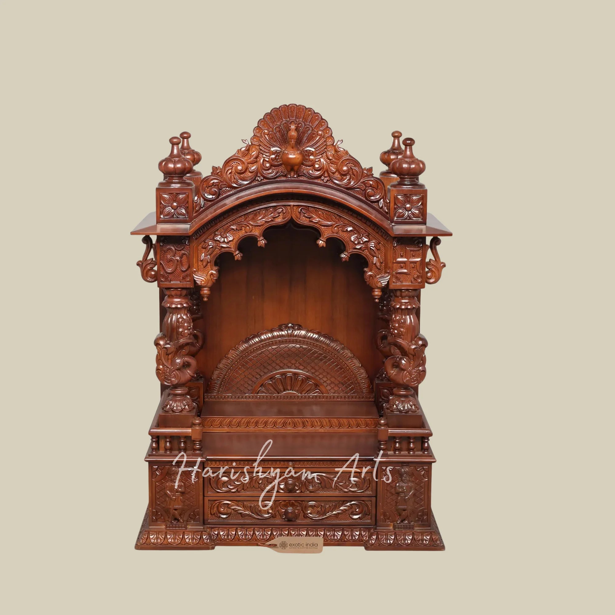 48" Premium Teak Wooden Home Mandir with Swan Carvings Ornate Crown and Double Storage Drawers