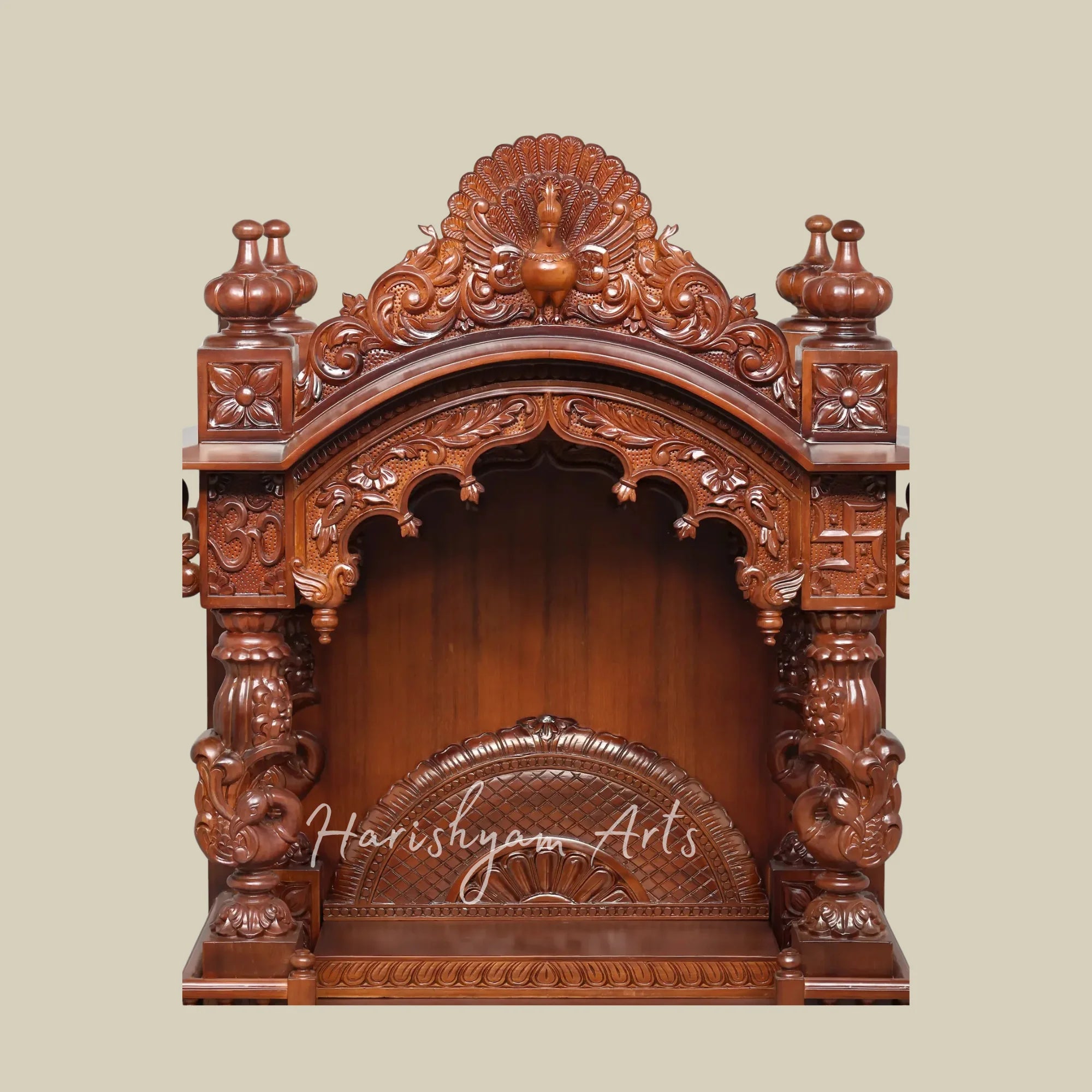 48" Premium Teak Wooden Home Mandir with Swan Carvings Ornate Crown and Double Storage Drawers
