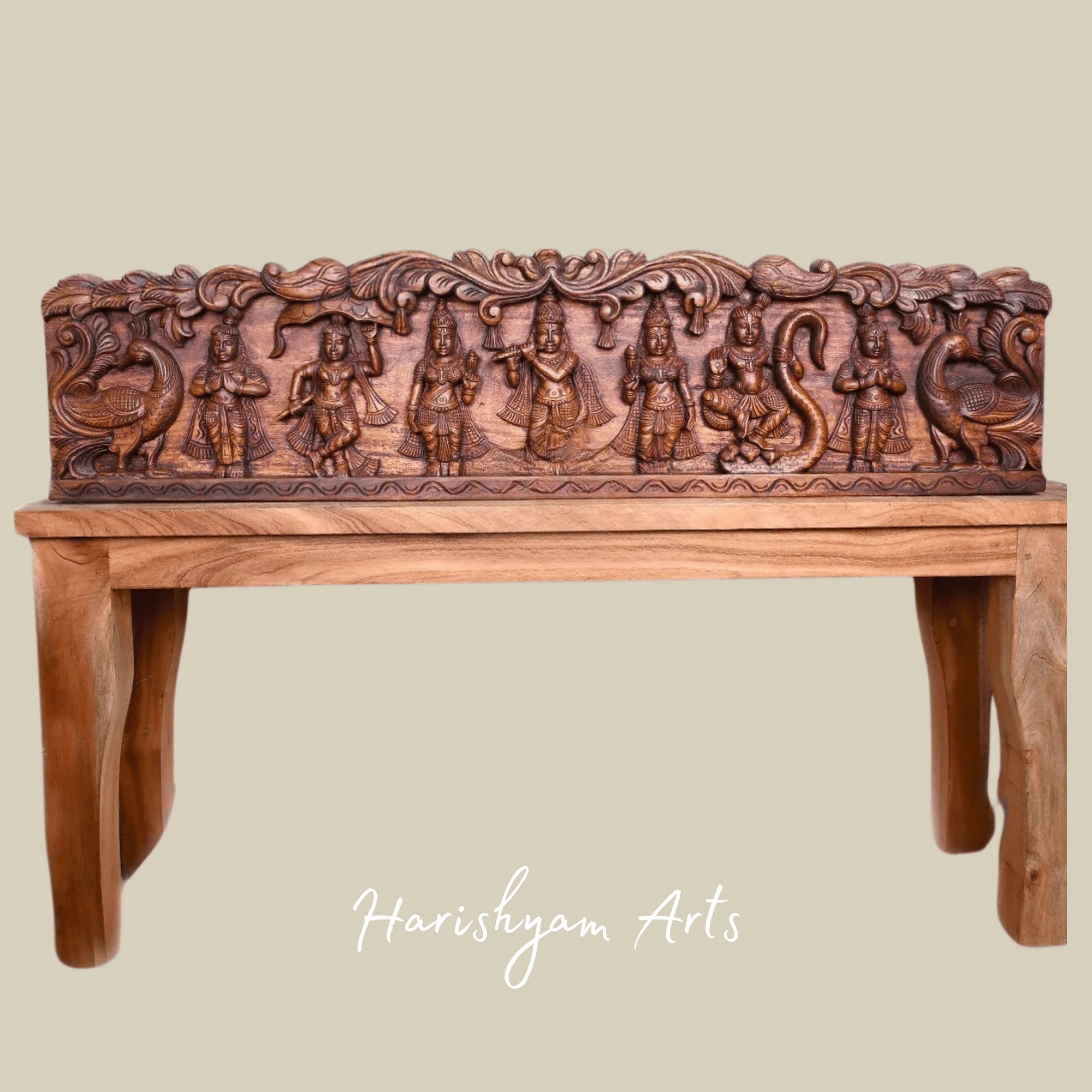 48" Rare Krishna Defeating Kaliya Serpent Handcrafted Wooden Story Panel