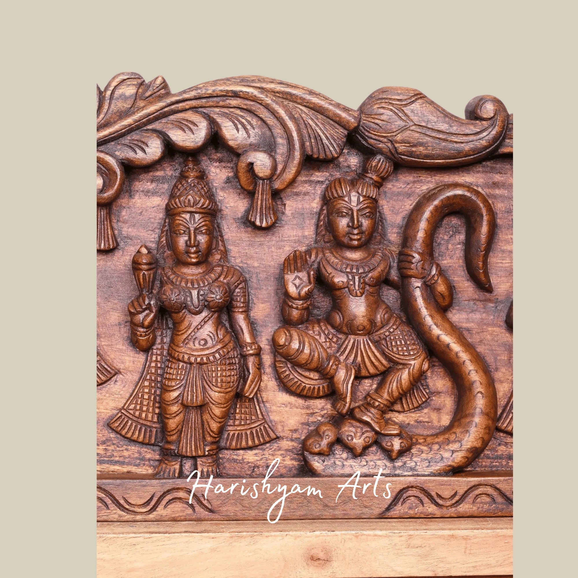 48" Rare Krishna Defeating Kaliya Serpent Handcrafted Wooden Story Panel