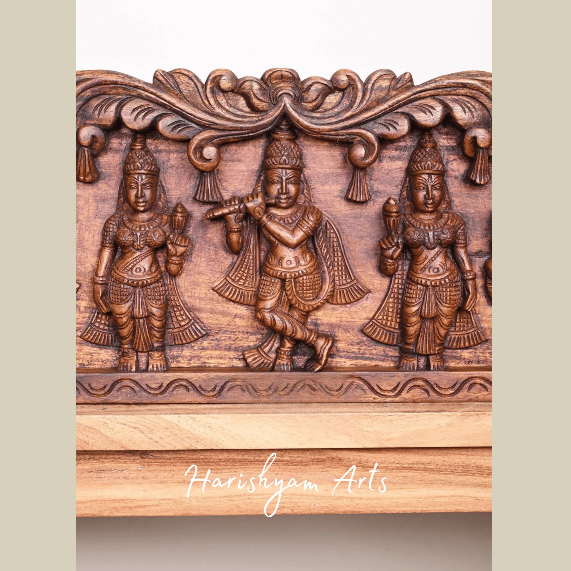 48" Rare Krishna Defeating Kaliya Serpent Handcrafted Wooden Story Panel