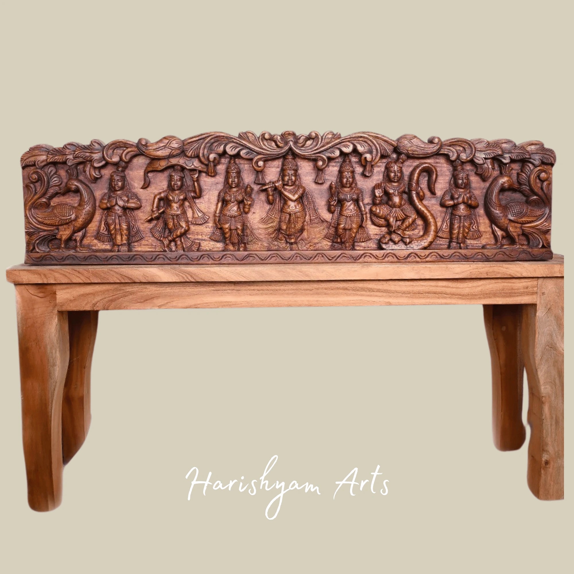 48" Rare Krishna Defeating Kaliya Serpent Handcrafted Wooden Story Panel
