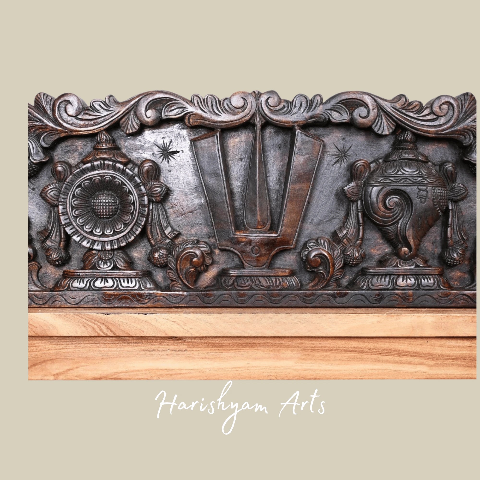 48" Shankha Chakra Namam Panel with Hanuman & Garuda Handcrafted Wood Art