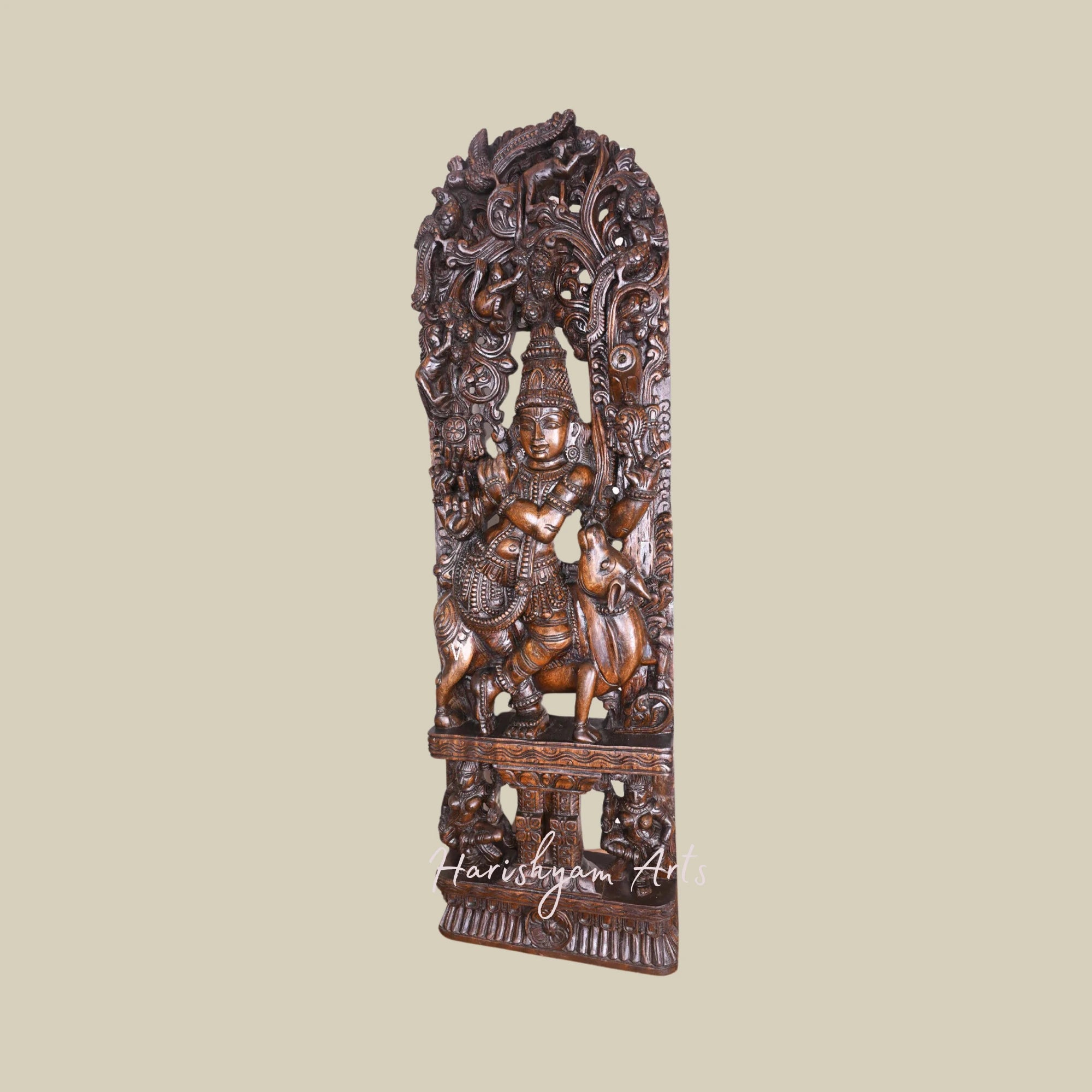 48" Traditional Wooden Krishna Idol, Standing with Cow and Playing Flute, Sculpture with Jali Work