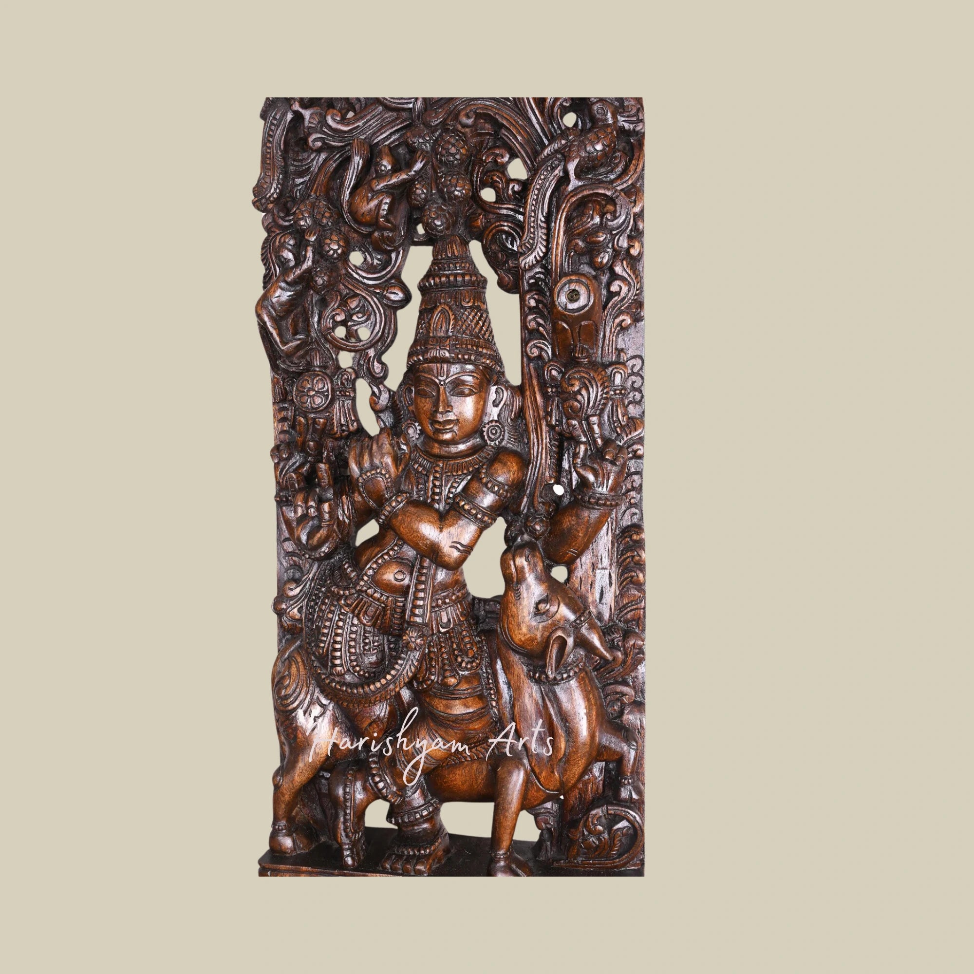 48" Traditional Wooden Krishna Idol, Standing with Cow and Playing Flute, Sculpture with Jali Work1