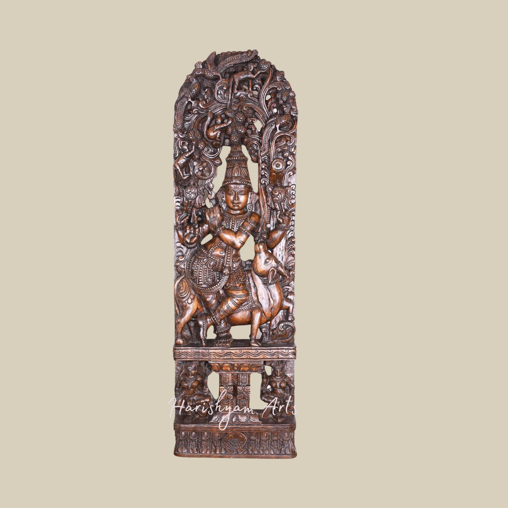 48" Traditional Wooden Krishna Idol, Standing with Cow and Playing Flute, Sculpture with Jali Work3