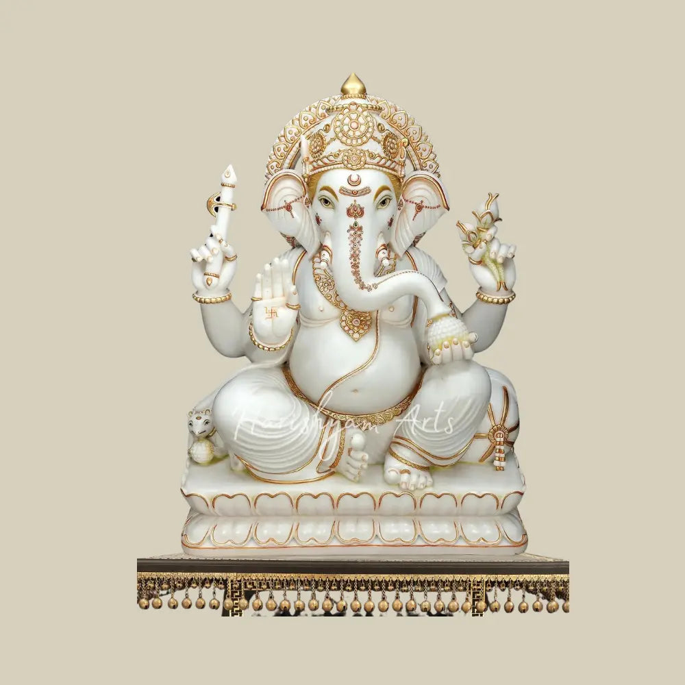 48" Large White Marble Ganesha Statue with Gold Detailing