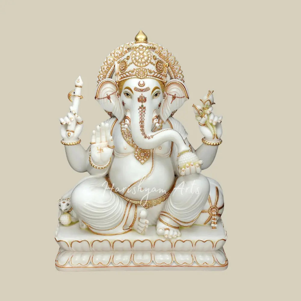 48" Large White Marble Ganesha Statue with Gold Detailing