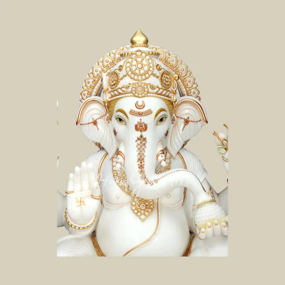 48" Large White Marble Ganesha Statue with Gold Detailing