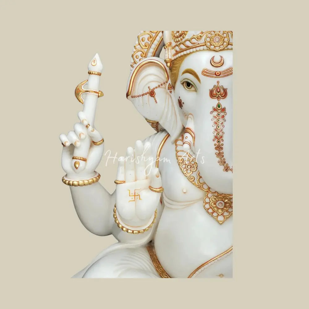 48" Large White Marble Ganesha Statue with Gold Detailing