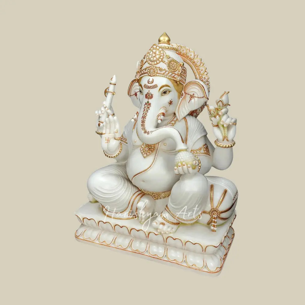 48" Large White Marble Ganesha Statue with Gold Detailing