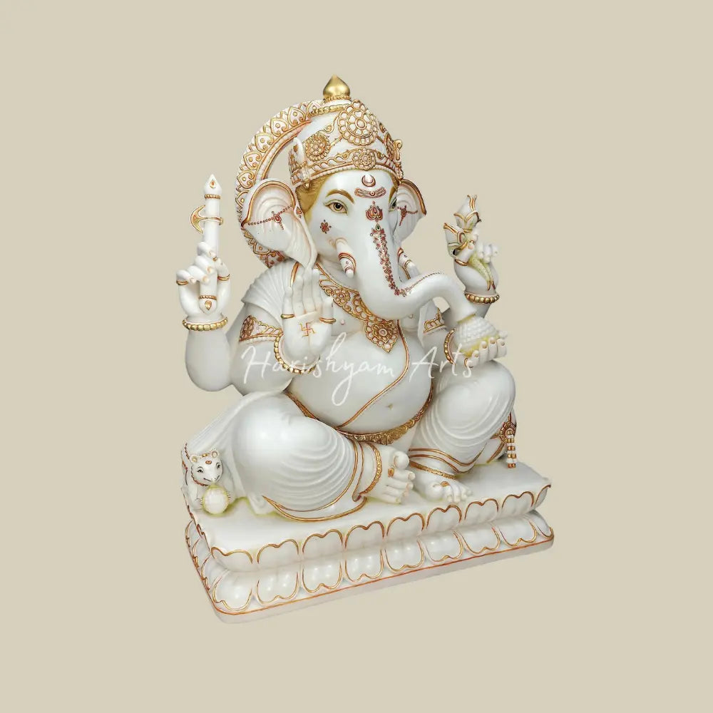 48" Large White Marble Ganesha Statue with Gold Detailing