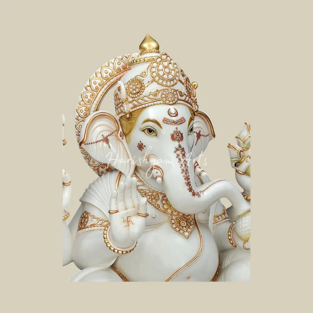 48" Large White Marble Ganesha Statue with Gold Detailing