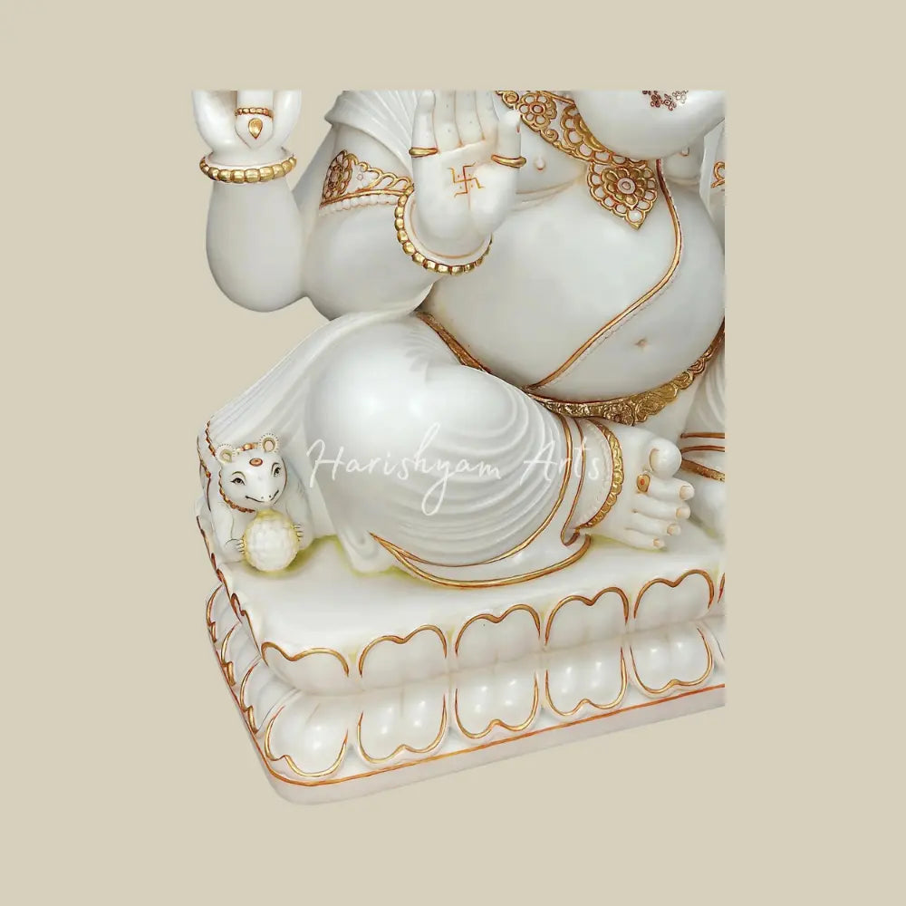 48" Large White Marble Ganesha Statue with Gold Detailing