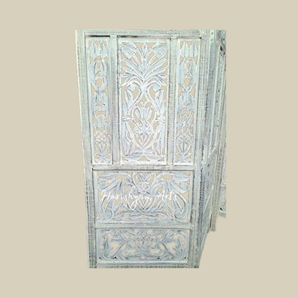 4 Panel Handcrafted Wooden Room Divider in Elegant White Finish