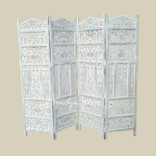 4 Panel Handcrafted Wooden Room Divider in Elegant White Finish