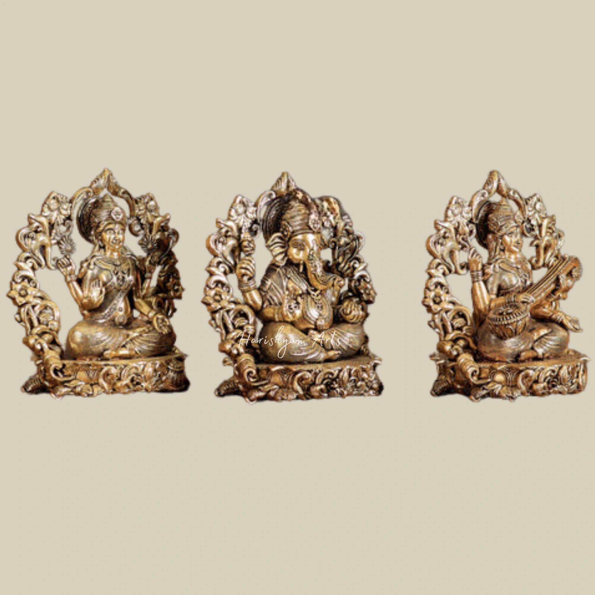 4" Handcrafted Pure Brass Trio: Ganesh, Lakshmi, and Saraswati for Mandir Decor3