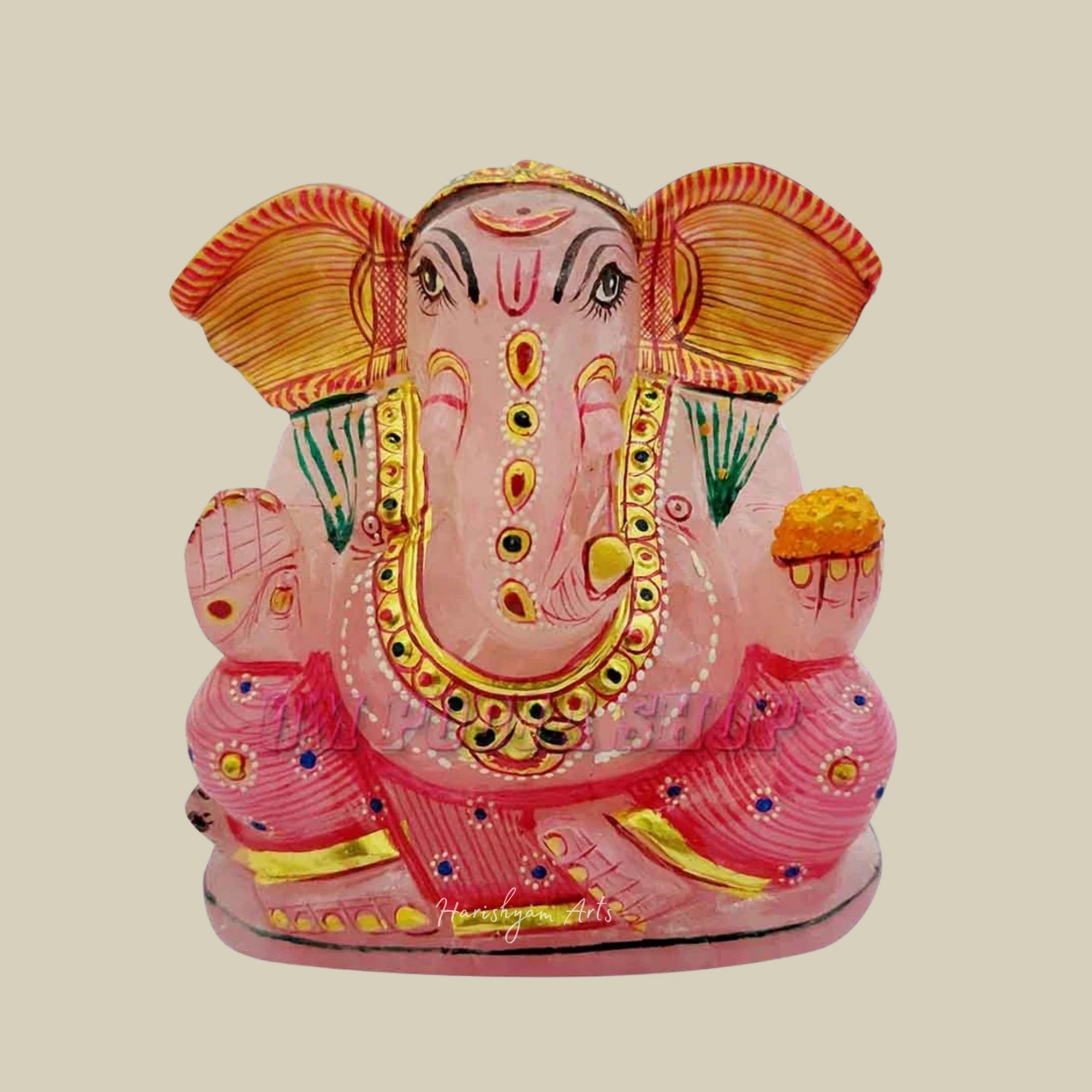 4" Handmade Rose Quartz Ganesh Murti Healing Crystal Statue Spiritual Home Decor
