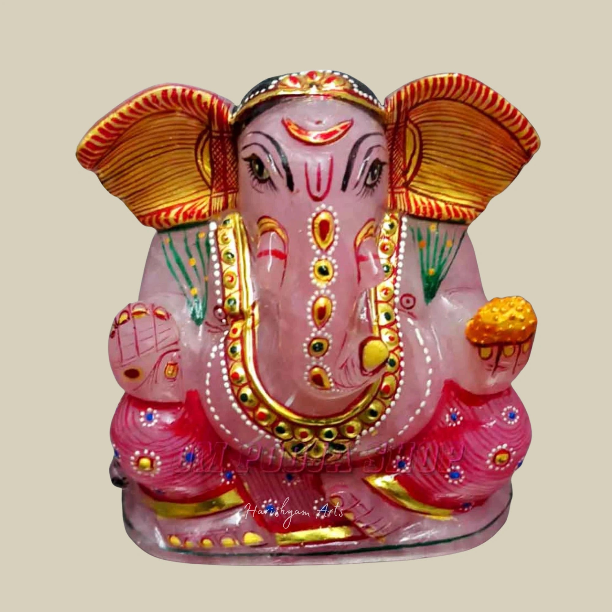 4" Handmade Rose Quartz Ganesh Murti Healing Crystal Statue Spiritual Home Decor
