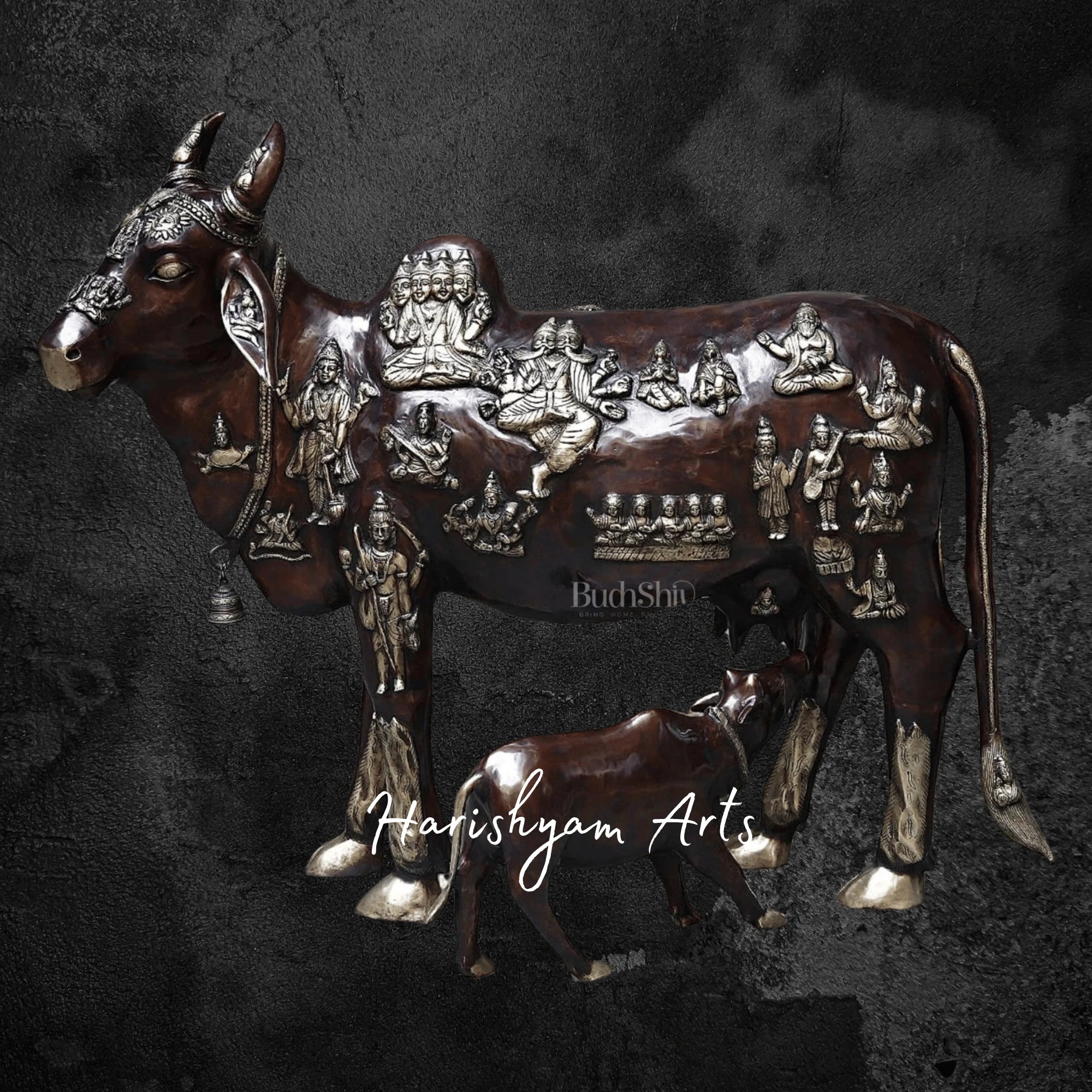 50" Large Kamadhenu Brass Cow with Calf for Divine Spaces