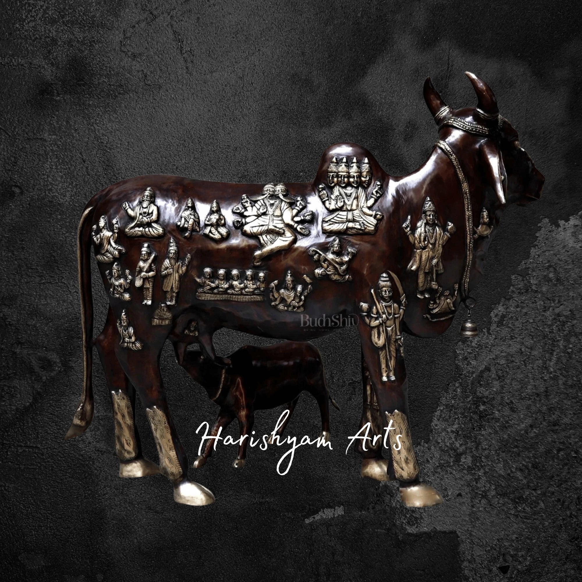 50" Large Kamadhenu Brass Cow with Calf for Divine Spaces