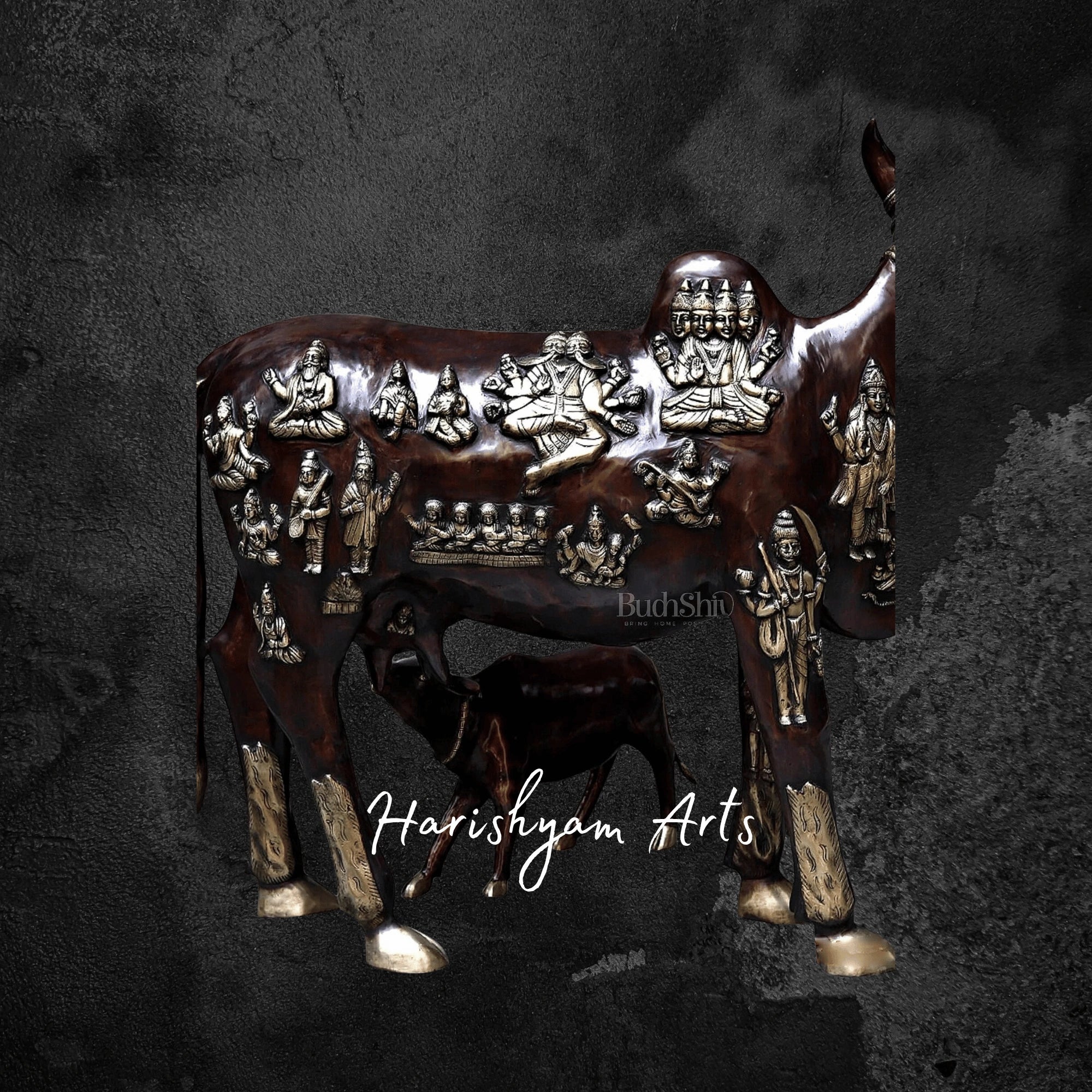 50" Large Kamadhenu Brass Cow with Calf for Divine Spaces