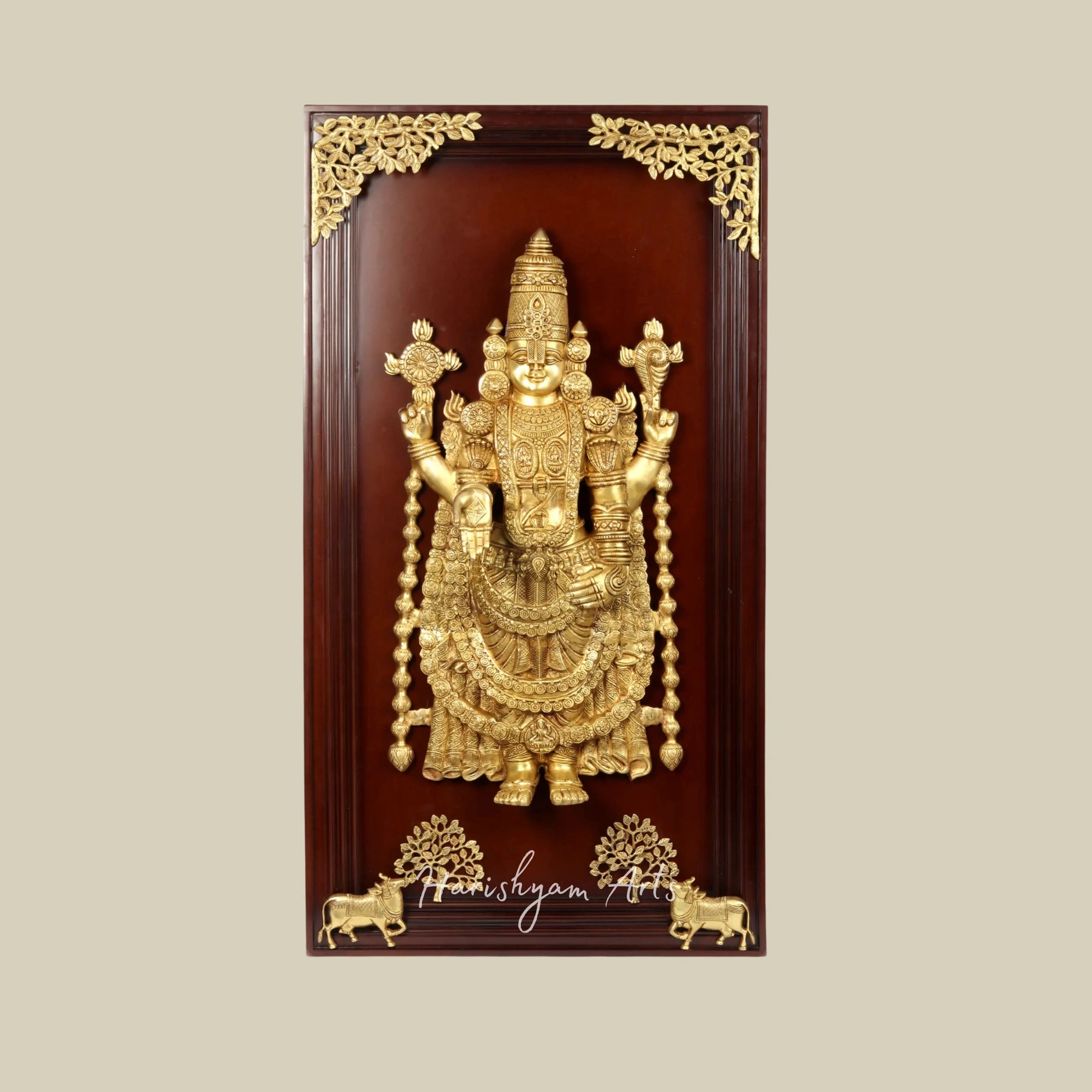 51" Large Brass Tirupati Balaji with Surbhi Cow Pair Under Tree in Wooden Wall Frame