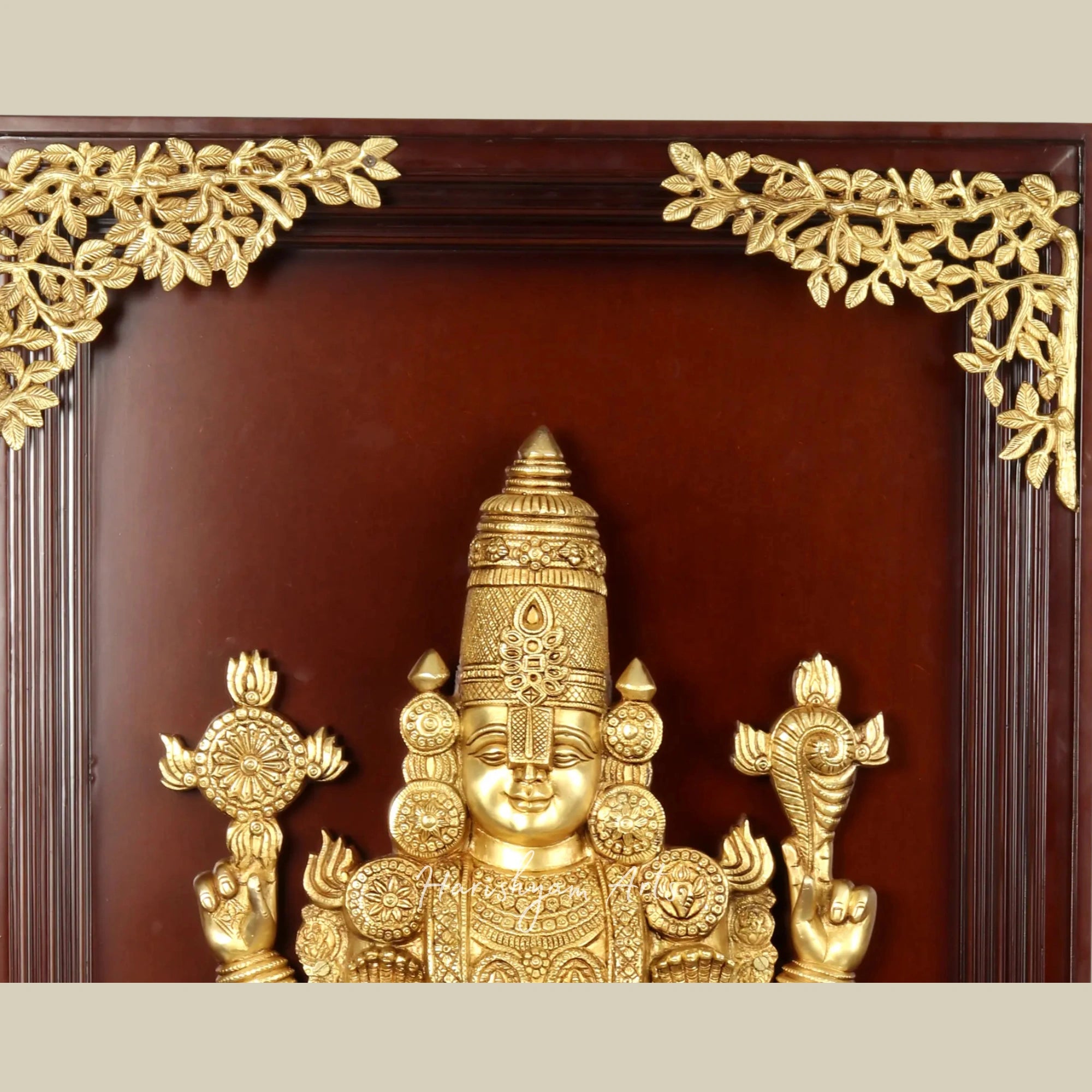 51" Large Brass Tirupati Balaji with Surbhi Cow Pair Under Tree in Wooden Wall Frame