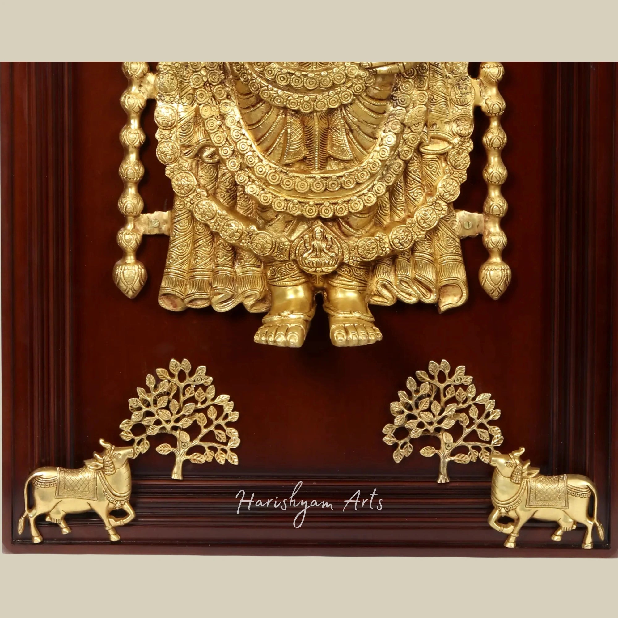 51" Large Brass Tirupati Balaji with Surbhi Cow Pair Under Tree in Wooden Wall Frame