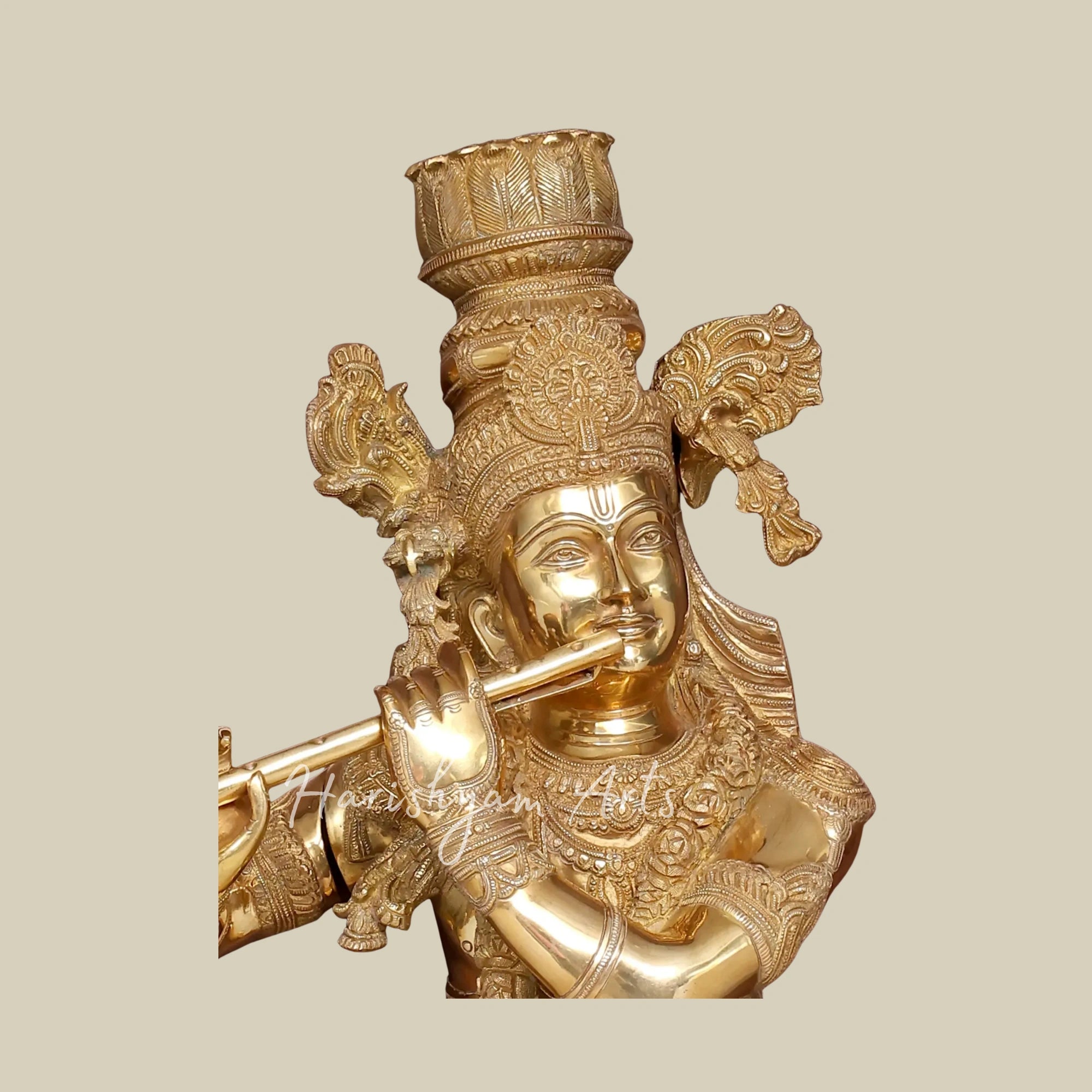 53" Flute Playing Lord Krishna Brass Sculpture with Wooden Frame for Wall Decor