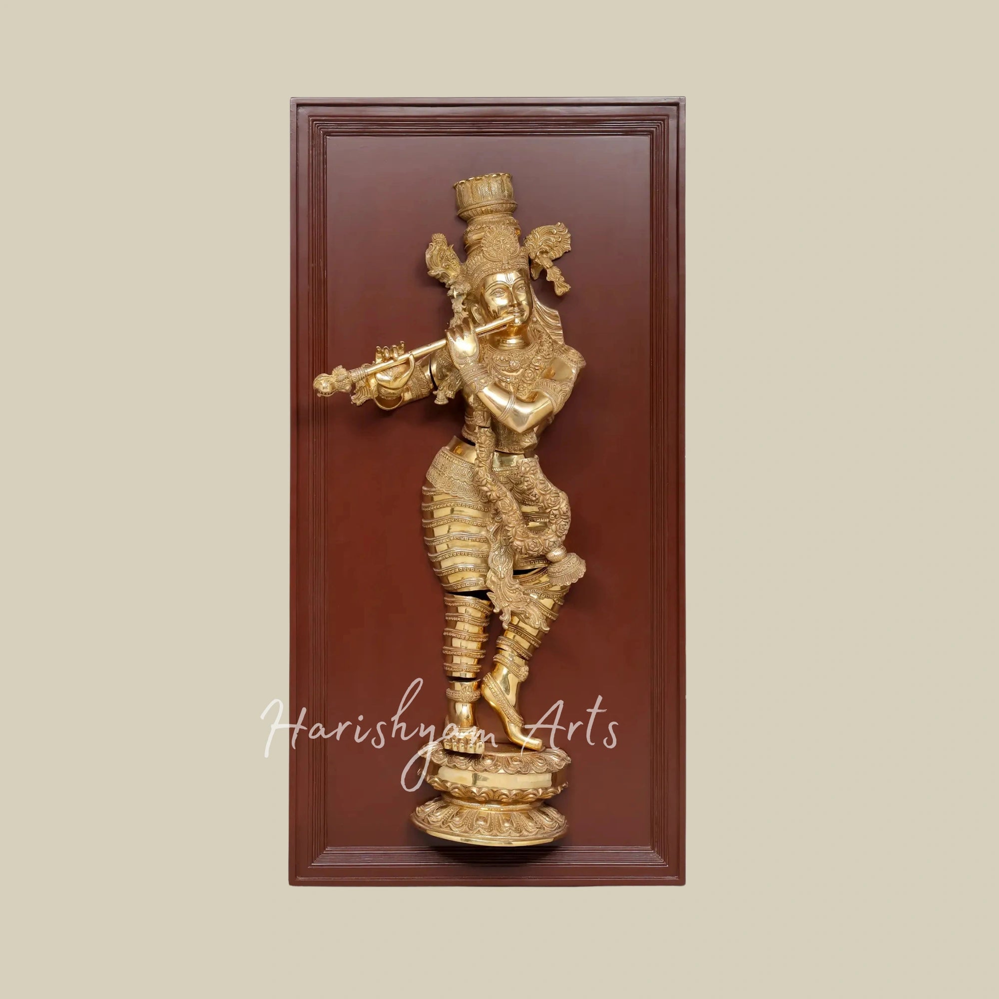 53" Flute Playing Lord Krishna Brass Sculpture with Wooden Frame for Wall Decor